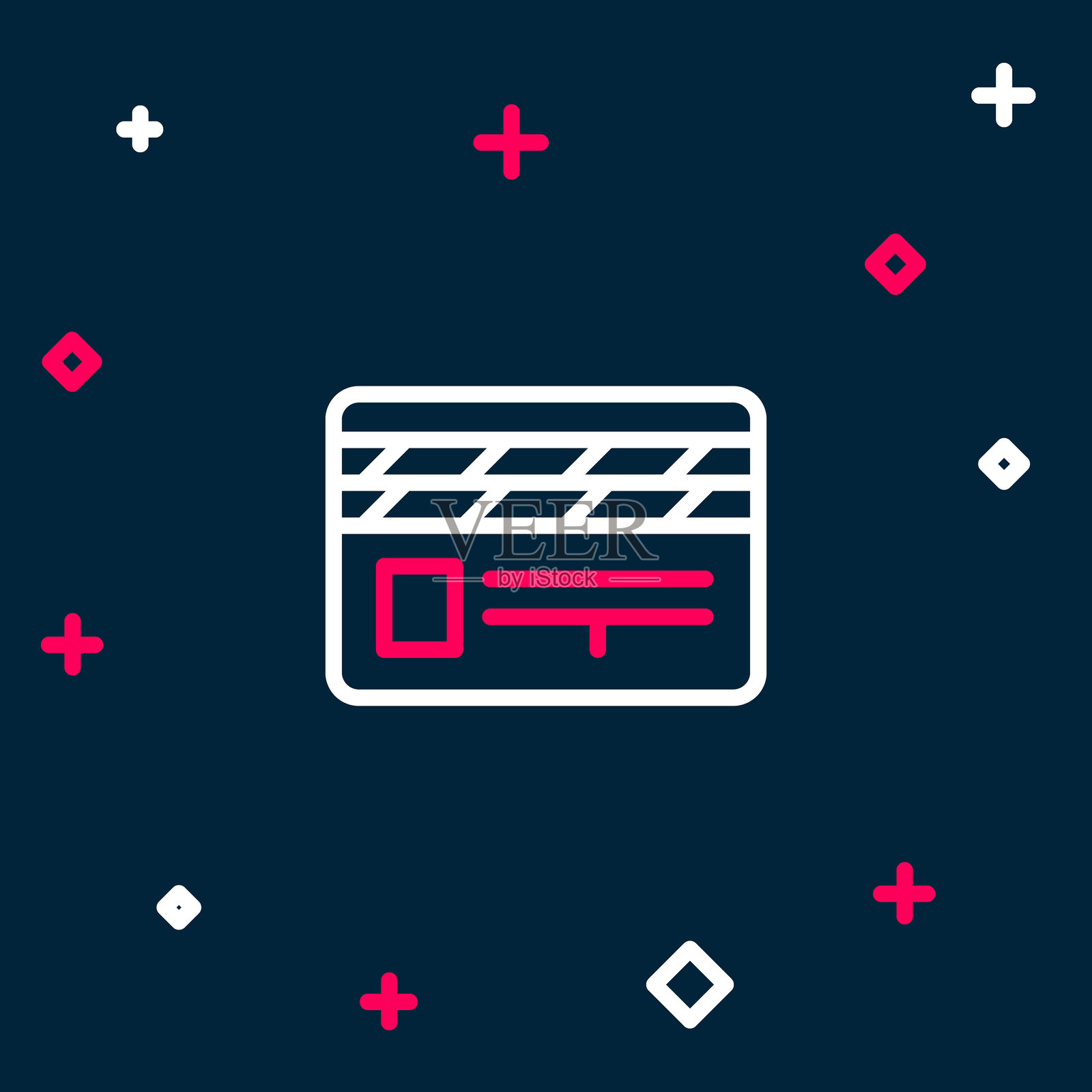 电影拍板图标，背景为蓝色。电影拍板。拍板标志。电影制作或媒体行业。彩色轮廓概念。矢量图。插画图片素材