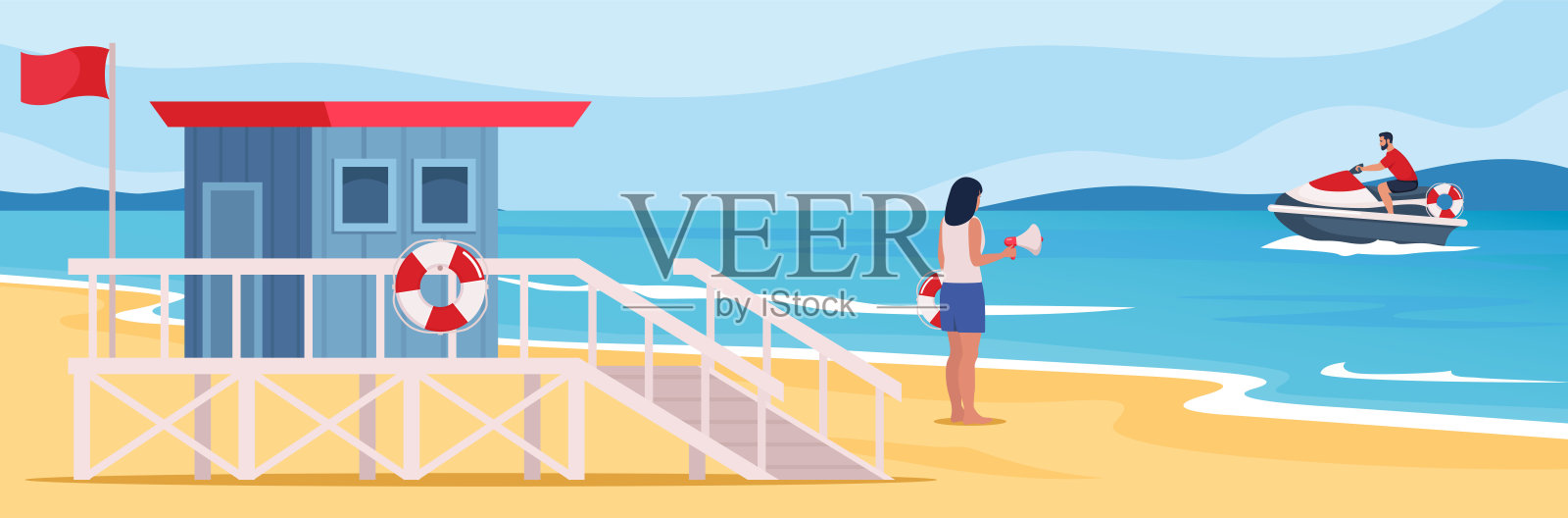 救生员塔和专业海滩救生员手持救生圈和扩音器站在沙滩上。现代扁平设计的海岸警卫站。矢量插图。插画图片素材