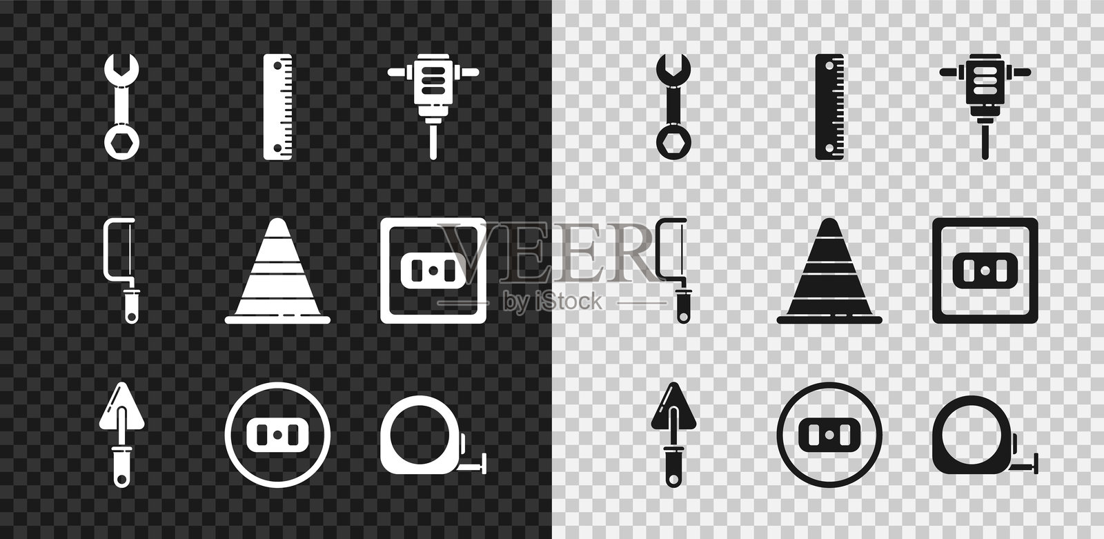 扳手、尺子、电动旋转锤、抹子、电源插座、建筑轮盘、手锯和交通锥图标。矢量图。插画图片素材