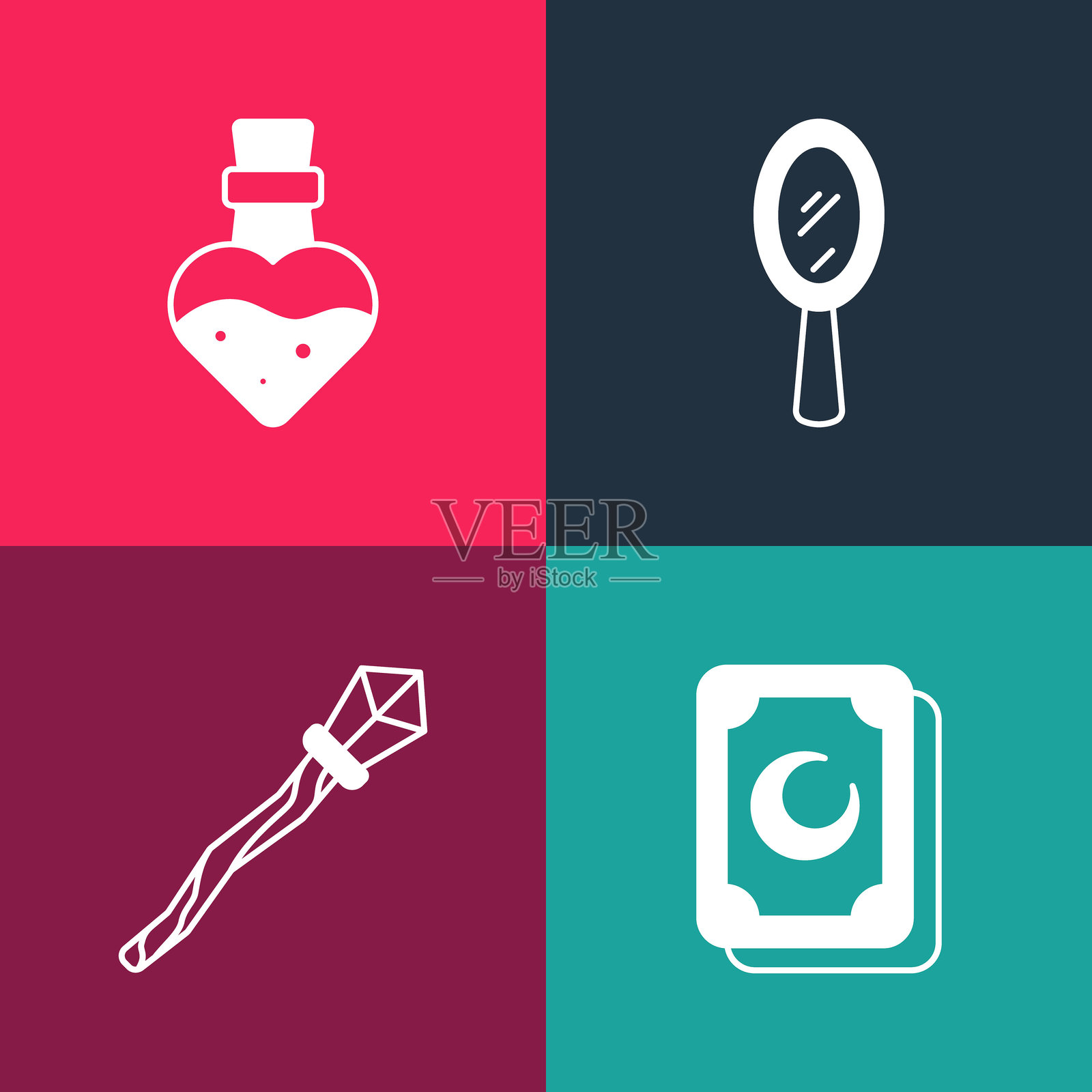 波普艺术塔罗牌、魔法杖、手镜和装有药水的瓶子图标。矢量图。插画图片素材