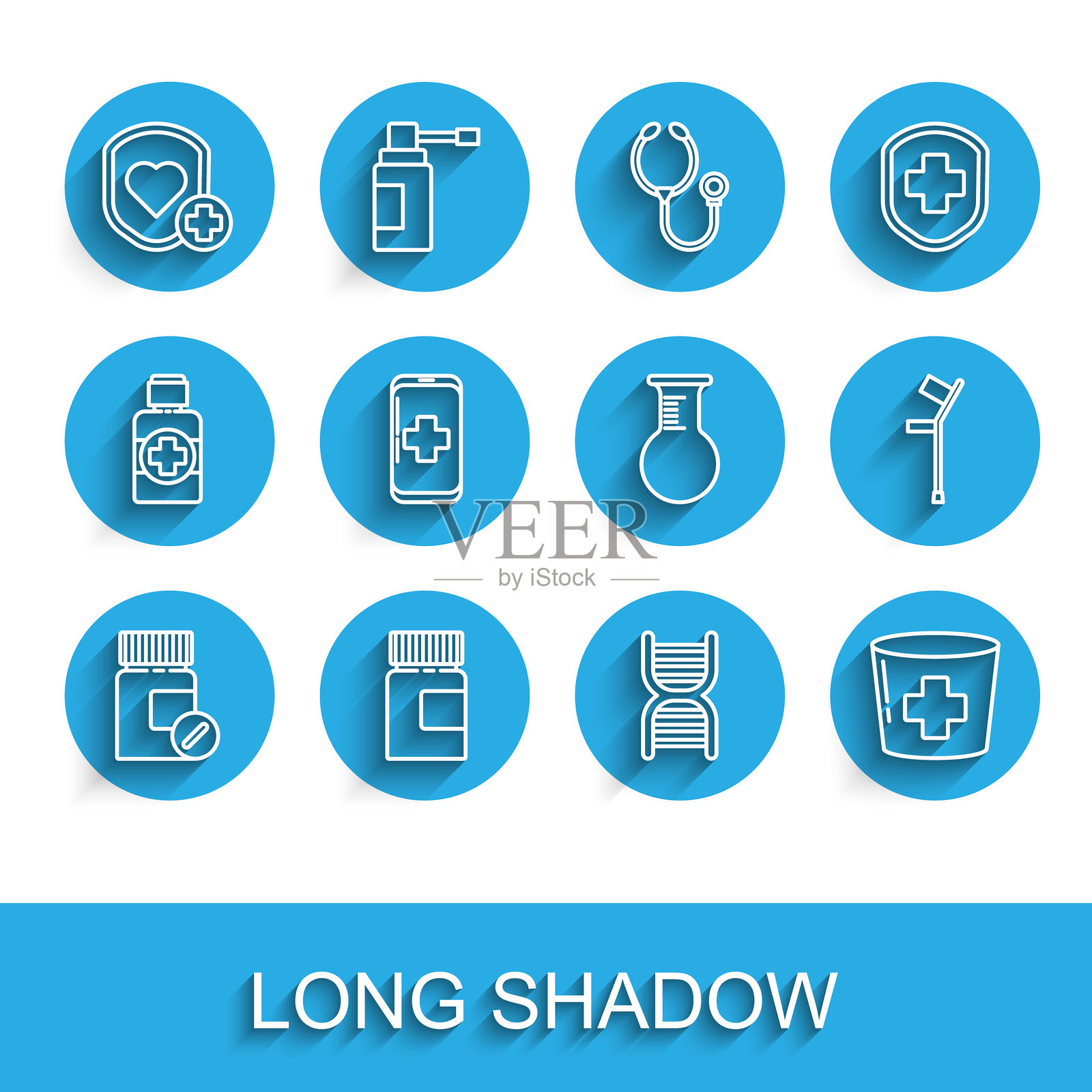 药瓶和药丸，心率保护盾，DNA符号，带十字的护士帽，紧急拨打医院的手机，拐杖或拐杖和试管图标。矢量图。插画图片素材