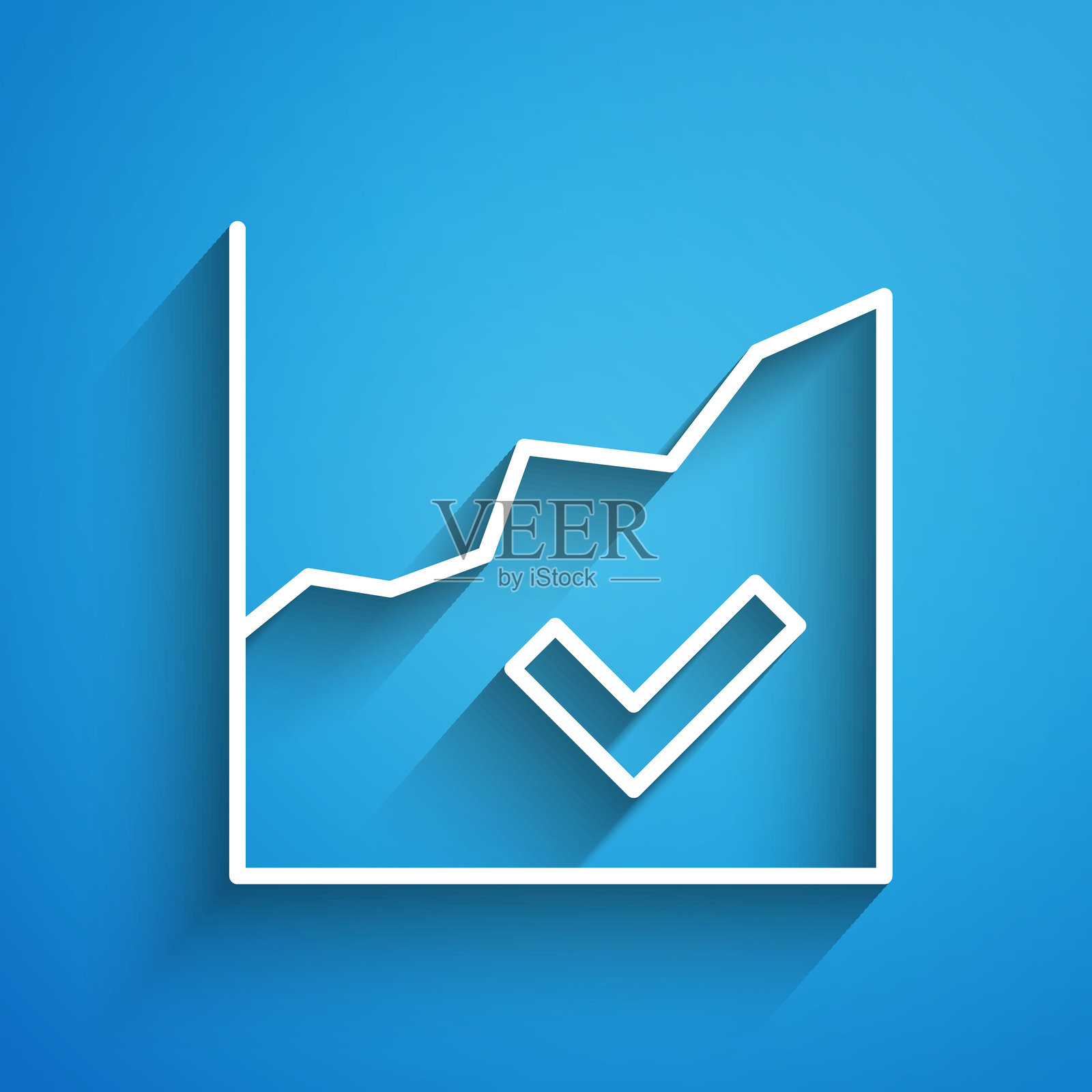 白色线条的财务增长图标，背景为蓝色。收入增加。长阴影。矢量图。插画图片素材