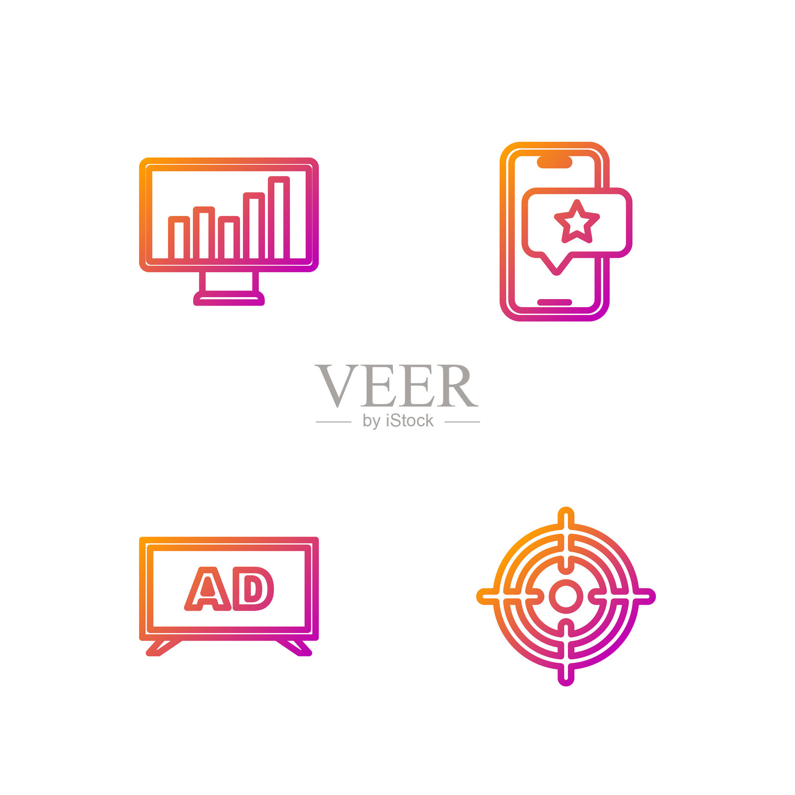 靶标、广告、带图表的显示器和手机评价图标插画图片素材