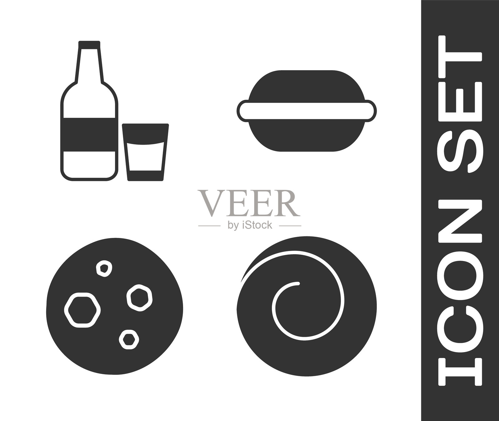 肉桂卷、装有牛奶的玻璃瓶和玻璃杯、巧克力饼干或饼干以及马卡龙图标。矢量图。插画图片素材