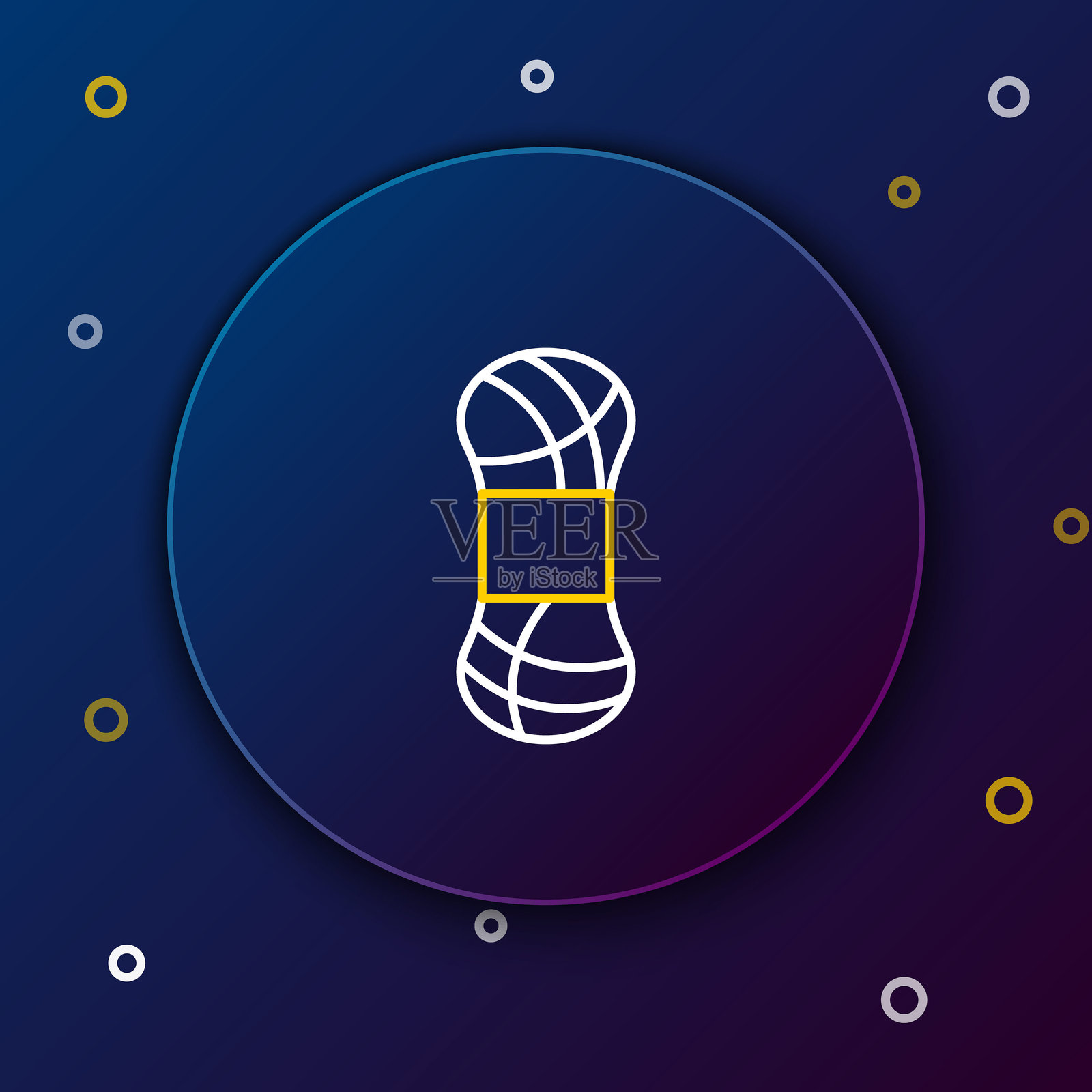 线球图标，独立于蓝色背景。手工制作、编织或裁缝店的标签。彩色轮廓概念。矢量图。插画图片素材