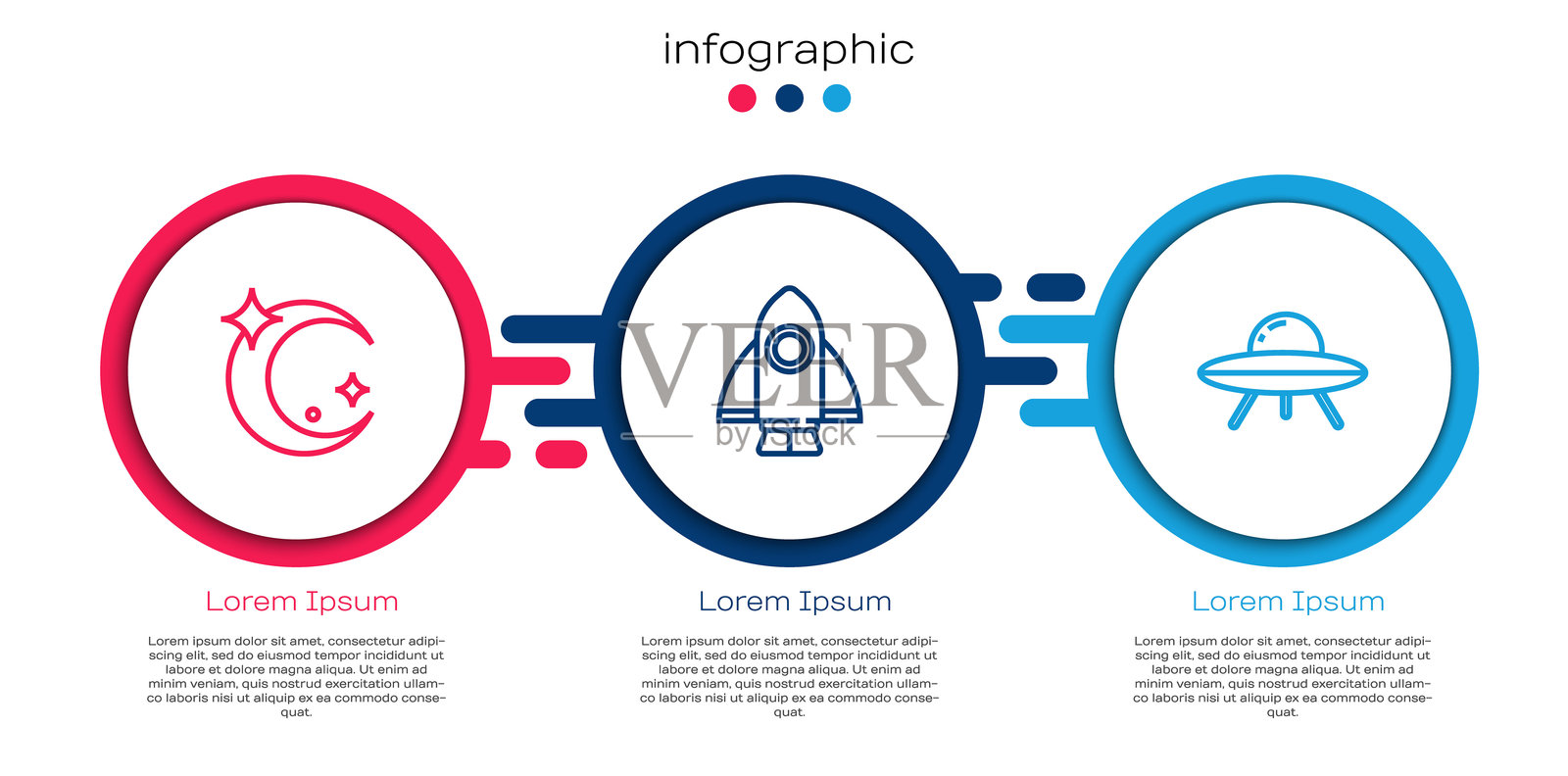 月亮和星星的线条，火箭飞船和飞碟飞行的宇宙飞船。商业信息图模板。矢量图。插画图片素材