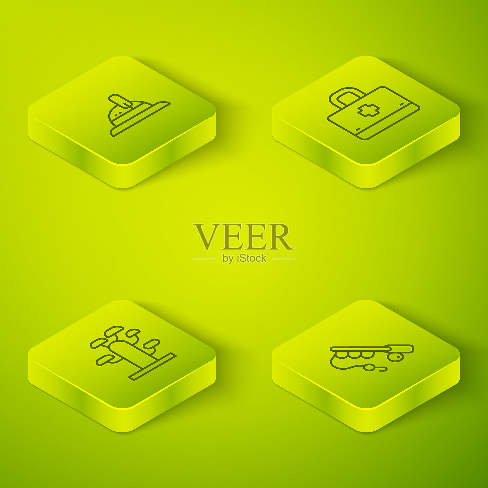 等距线条急救包、非洲树木、钓鱼竿和猎人帽图标。矢量图。插画图片素材