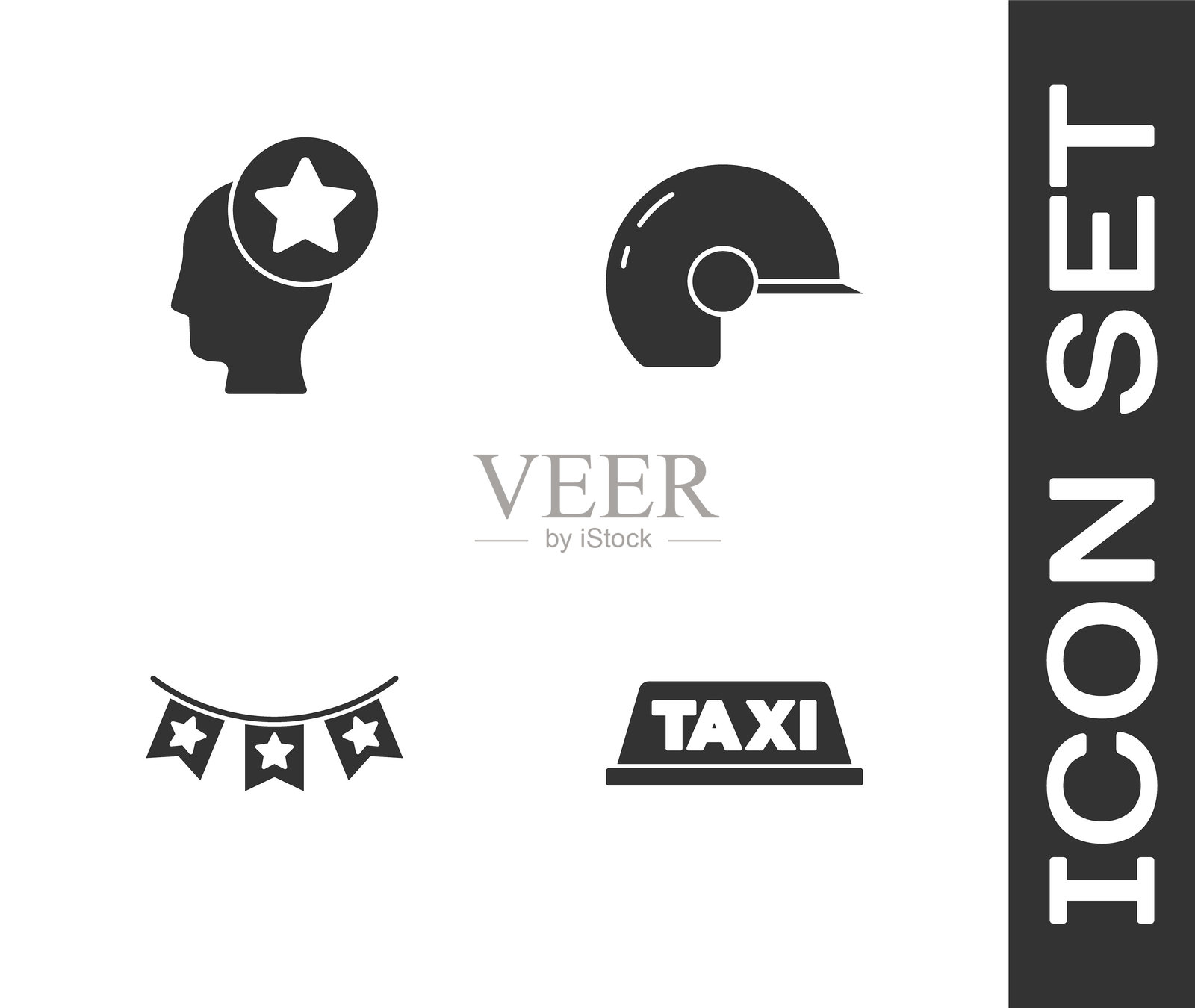 出租车车顶，美国头部，嘉年华彩带与旗帜，棒球头盔图标。矢量图。插画图片素材