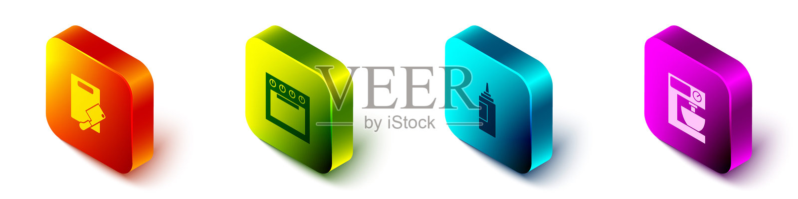 等距切菜板和肉类切割器、烤箱、调料瓶和电动搅拌器图标。矢量图。插画图片素材