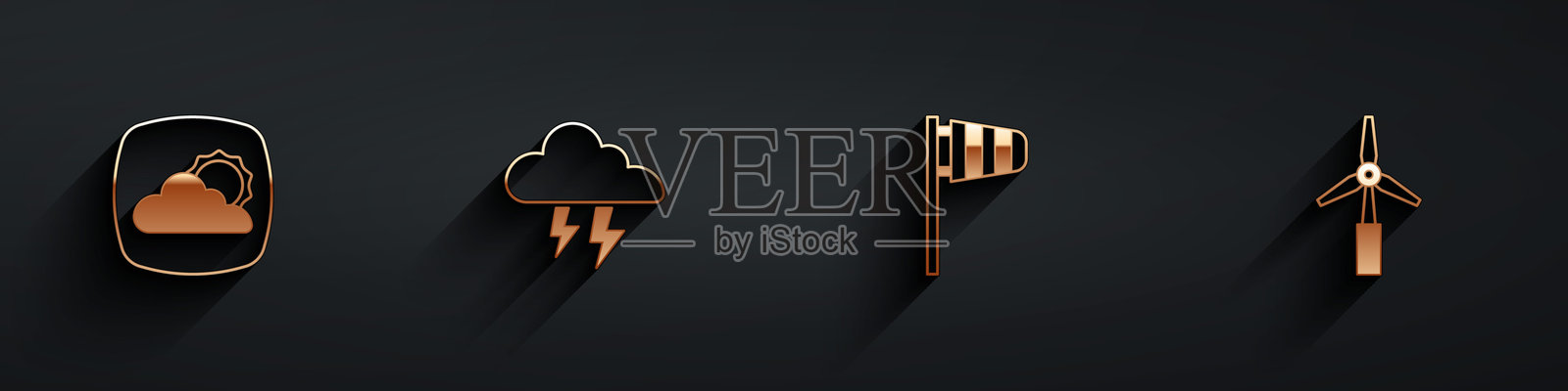 天气预报、风暴、锥形风筝、风向标和带长阴影的风力涡轮机图标。矢量图。插画图片素材