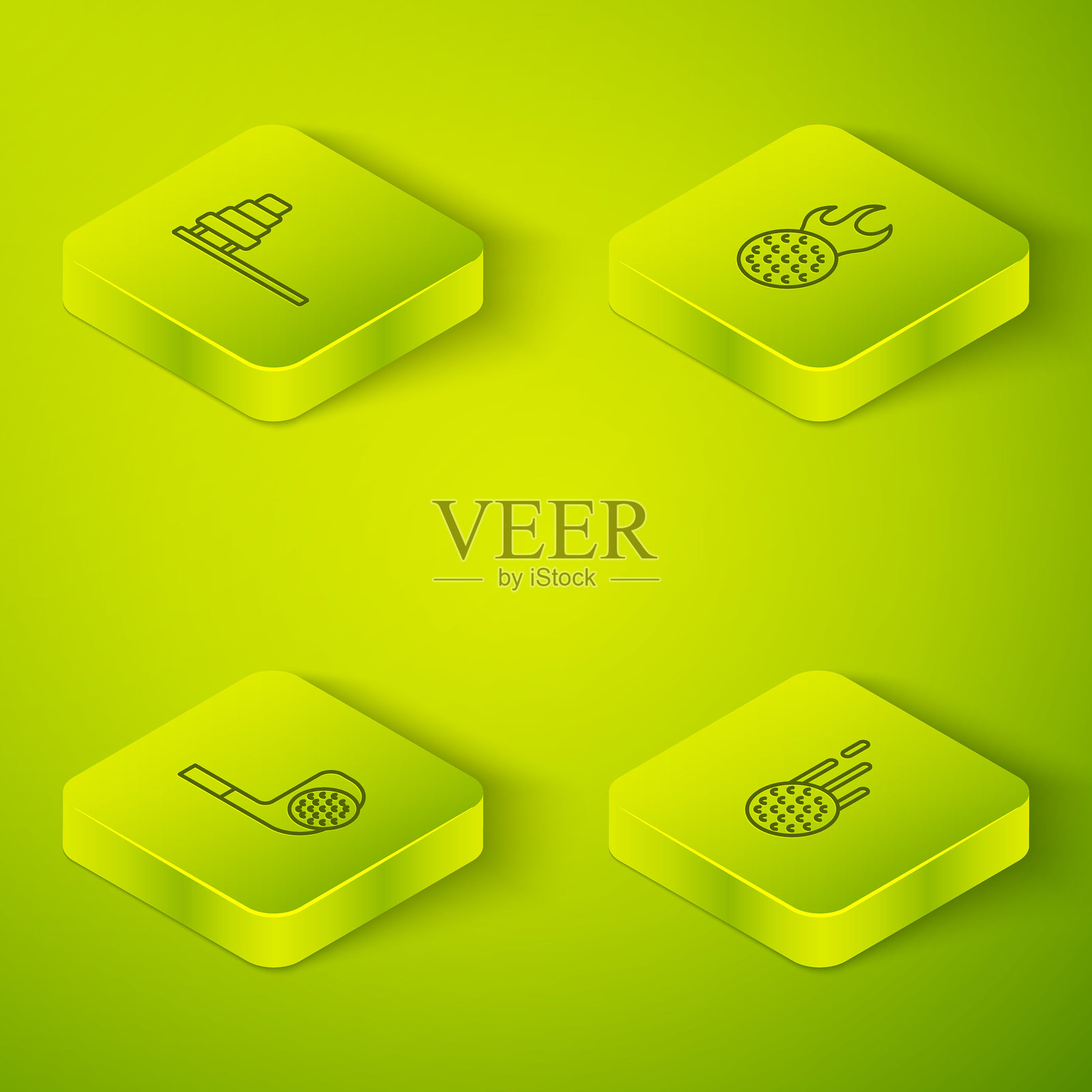 等距线条高尔夫球、球杆和旗帜图标。矢量图。插画图片素材