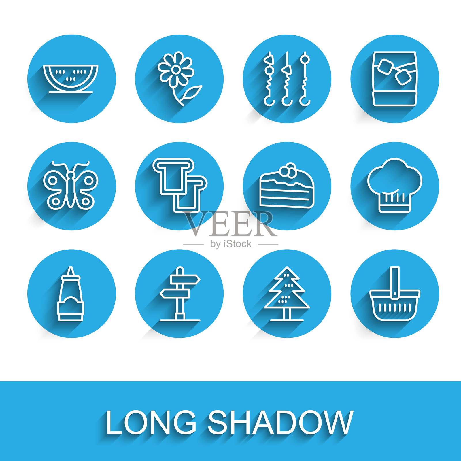 调料瓶、道路交通标志、西瓜、树、野餐篮、吐司面包、厨师帽和蛋糕片图标。矢量图。插画图片素材