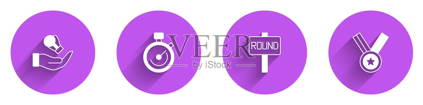 拳击手套、秒表、拳击台和奖牌图标，带有长阴影效果。矢量图。插画图片素材