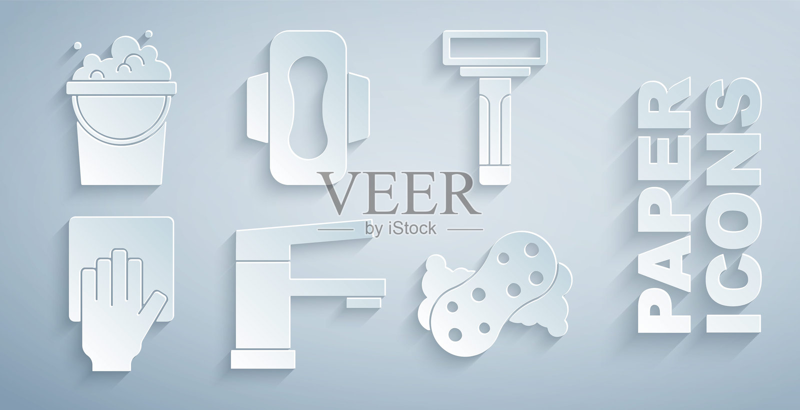 水龙头、剃须刀、清洁服务、海绵、卫生巾和带肥皂泡的桶图标。矢量图。插画图片素材