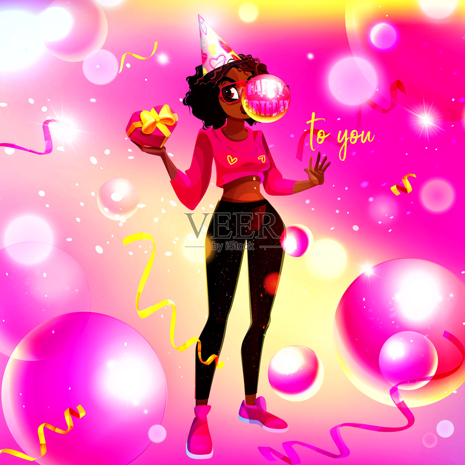 卡通风格的生日快乐。年轻的非裔美国女孩手持礼物，背景明亮节日，伴有气泡和五彩纸屑。带有时尚女性角色的贺卡。插画图片素材