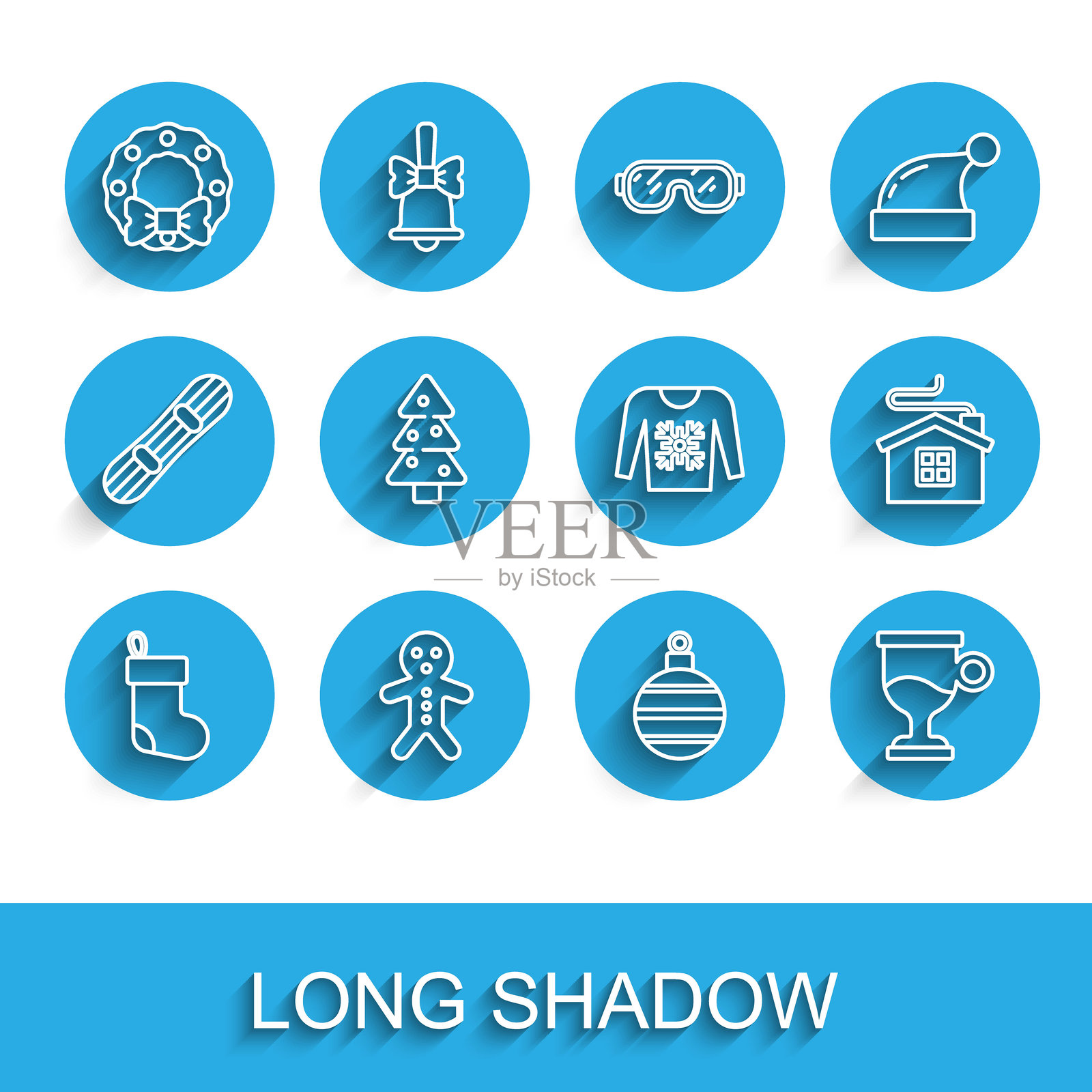 圣诞长袜、节日姜饼人饼干、花环、球、热红酒、圣诞树、节日房屋和毛衣图标矢量素材插画图片素材