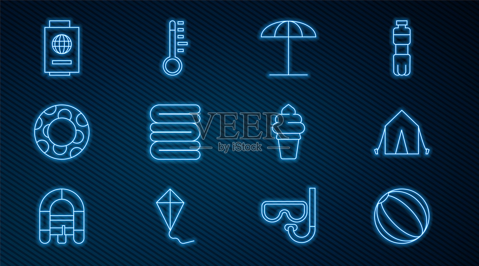 海滩排球、旅游帐篷、防晒伞、毛巾堆、橡胶游泳圈、护照和机票、冰淇淋华夫筒以及气象温度计图标。矢量图。插画图片素材