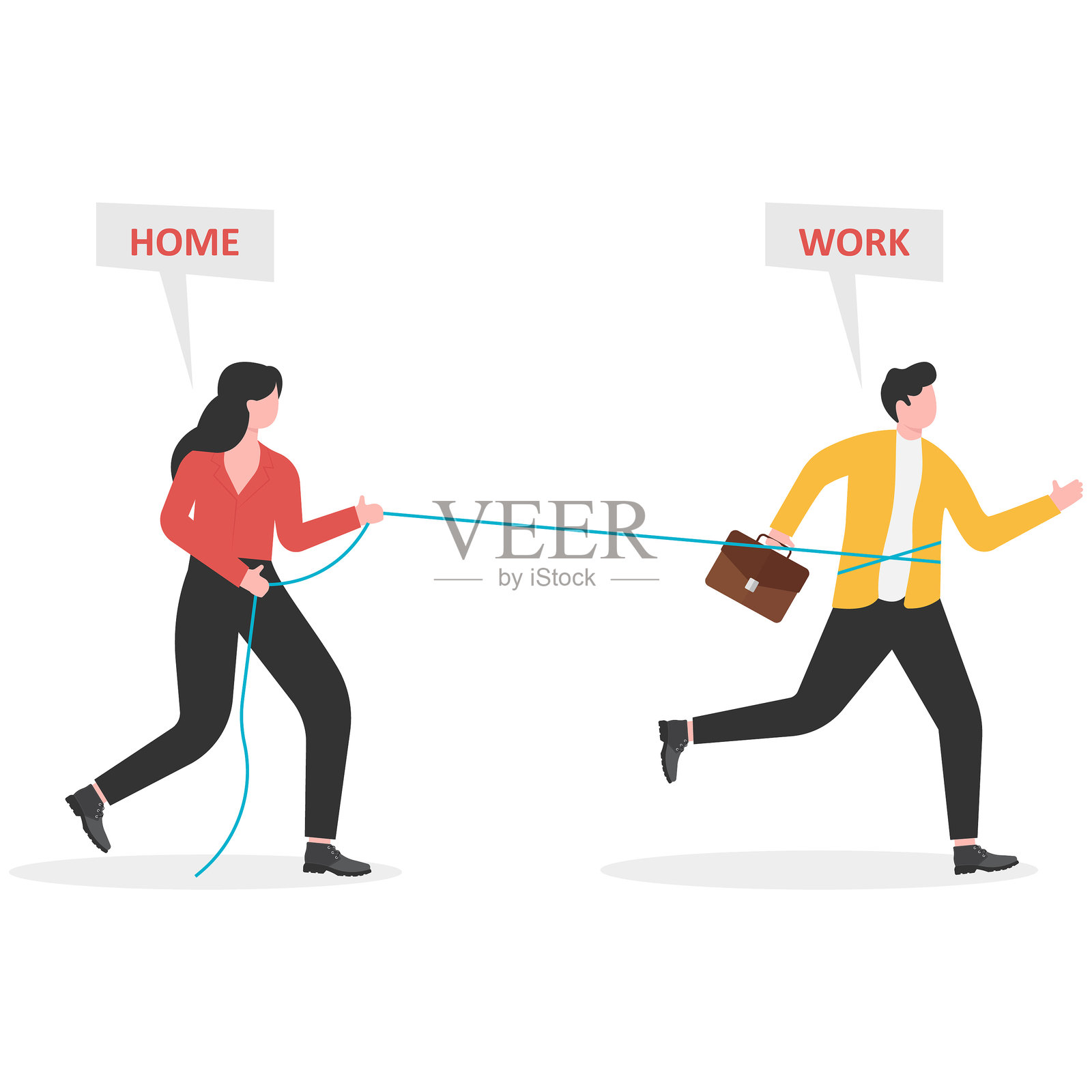 一位妻子拉着被绳子绑住的丈夫，准备离开他的工作回家，丈夫加班，妻子愤怒。插画图片素材