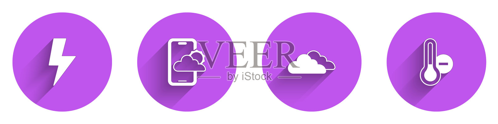 闪电、天气预报、云和气象温度计图标，带长阴影。矢量图。插画图片素材