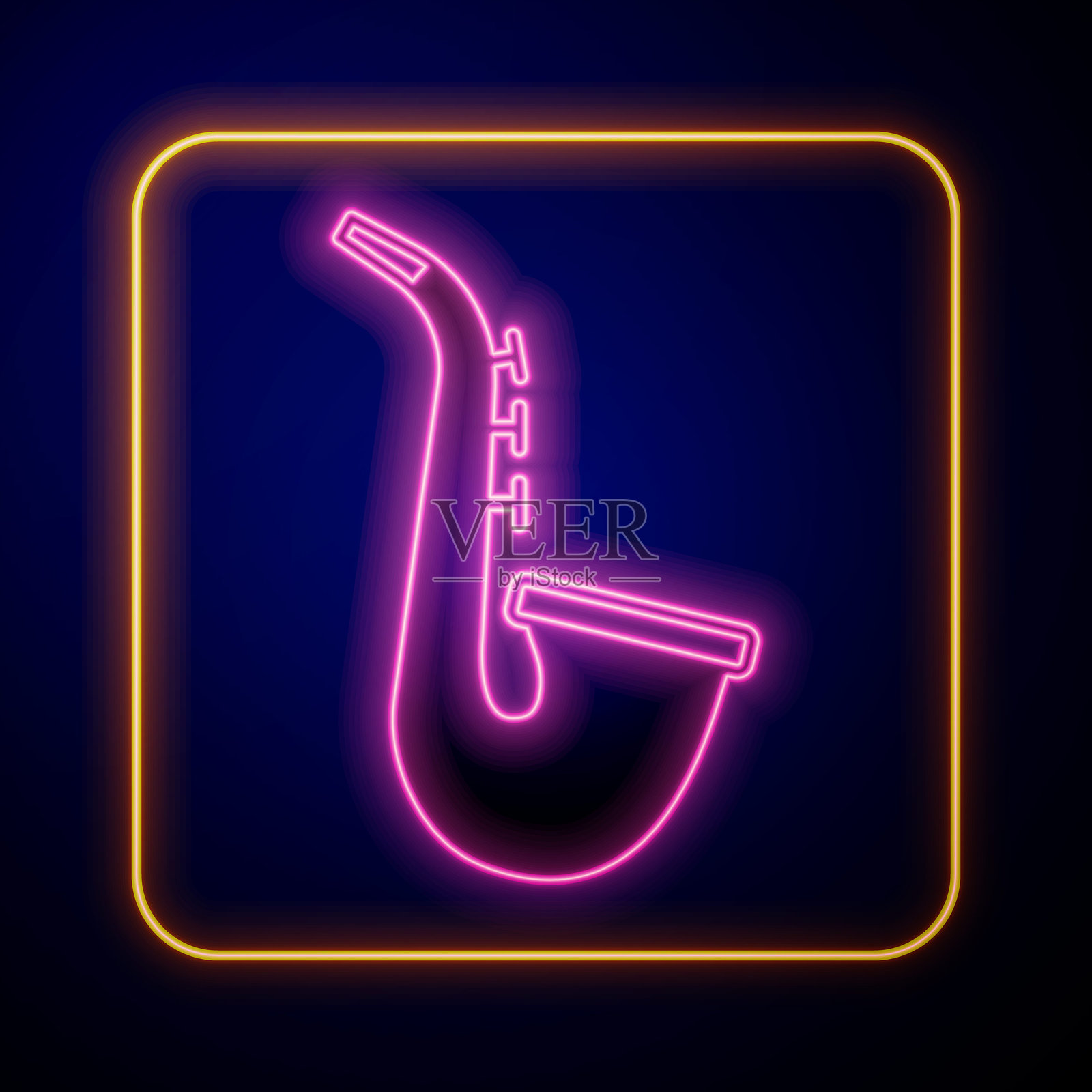 发光的霓虹色萨克斯风乐器图标，背景为黑色。矢量图。插画图片素材