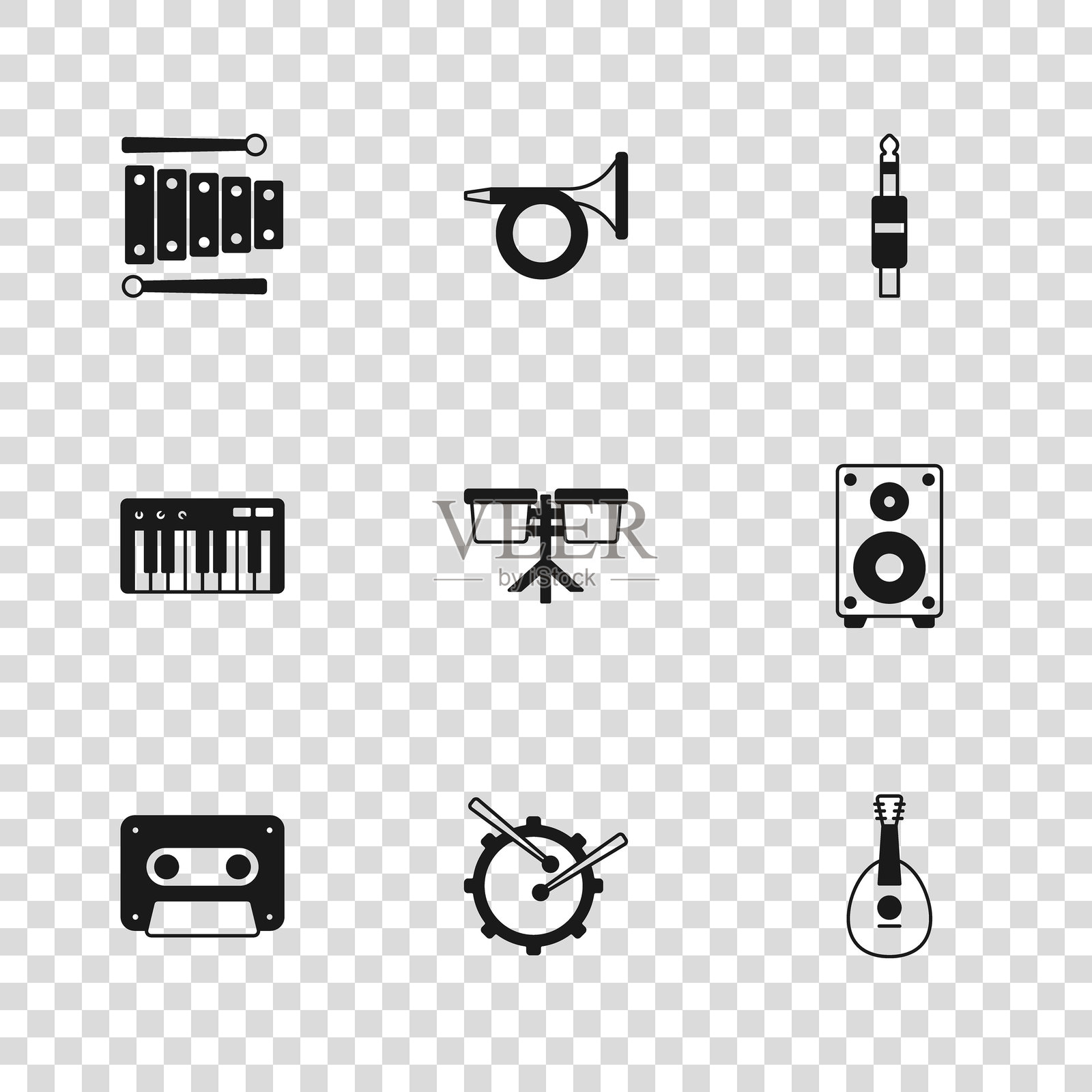 鼓和鼓棒、立体声扬声器、曼陀林、邦戈鼓、音频插孔、木琴、小号和音乐合成器图标。矢量图。插画图片素材