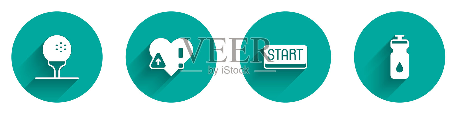 高尔夫球放在球座上，心率，终点线上的丝带和带长阴影的健身摇摇杯图标。矢量图。插画图片素材