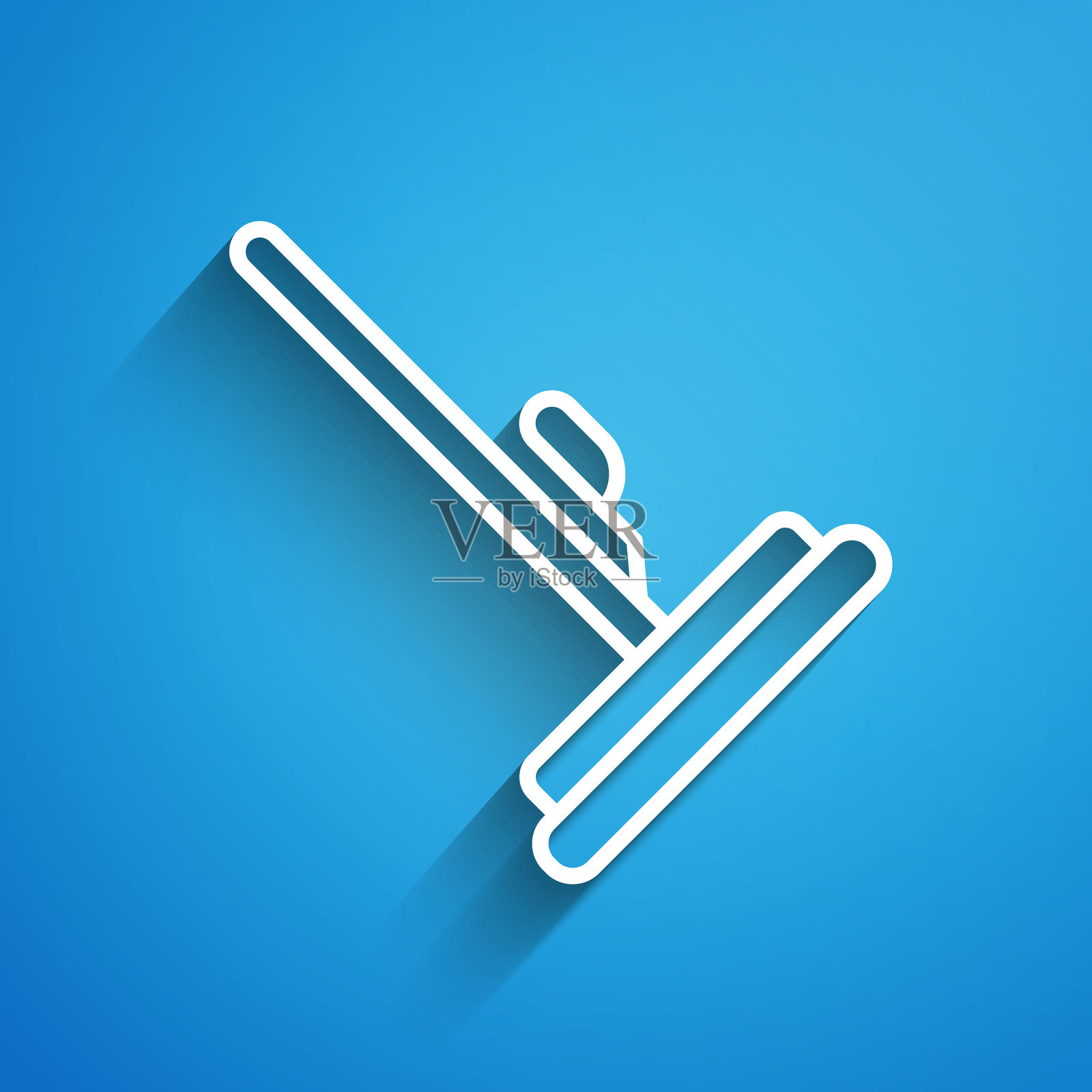 白色拖把图标，背景为蓝色。清洁服务概念。长阴影。矢量图。插画图片素材