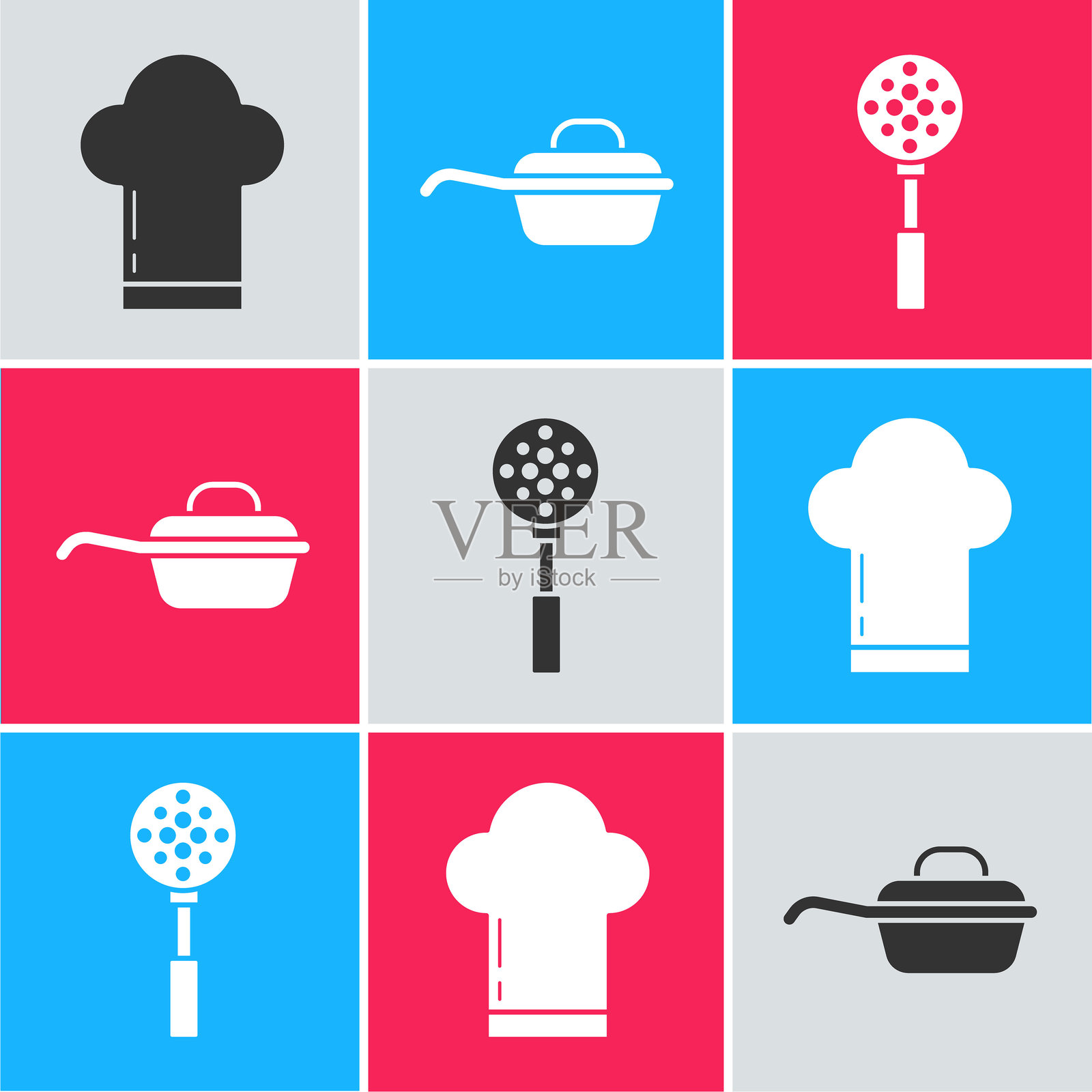 厨师帽、煎锅和铲子的图标。矢量图。插画图片素材