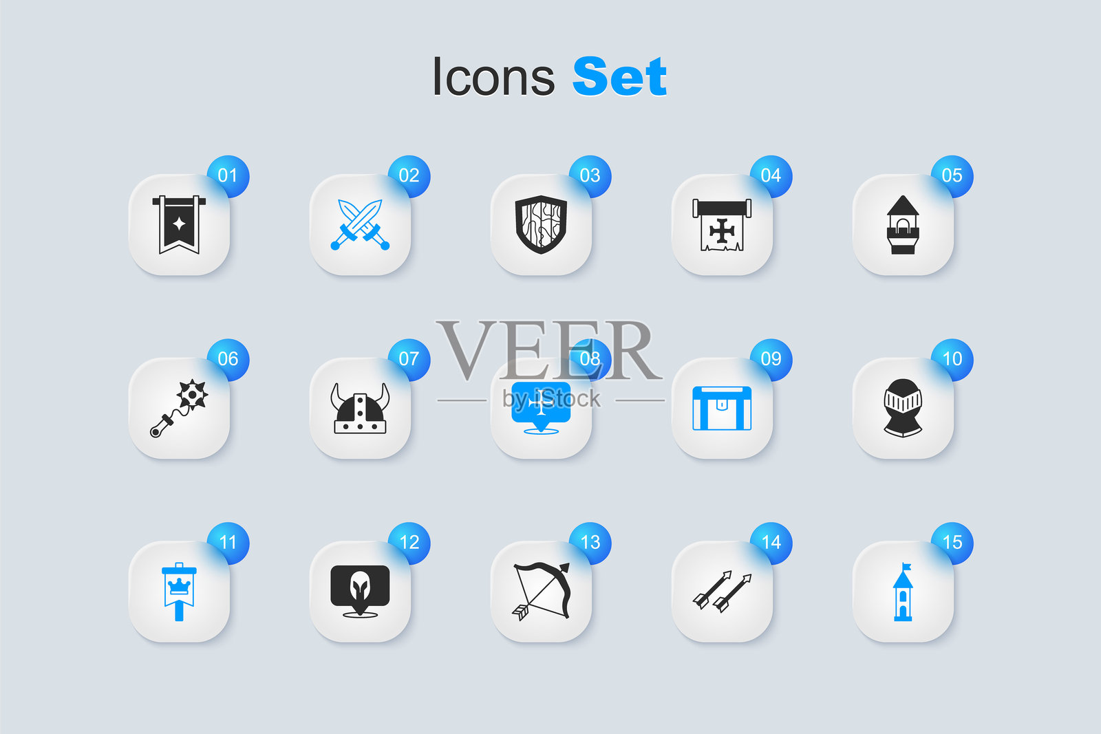 中世纪箭矢、戴角盔的维京人、交叉的中世纪剑、旗帜、城堡塔楼和十字军图标。矢量图插画图片素材