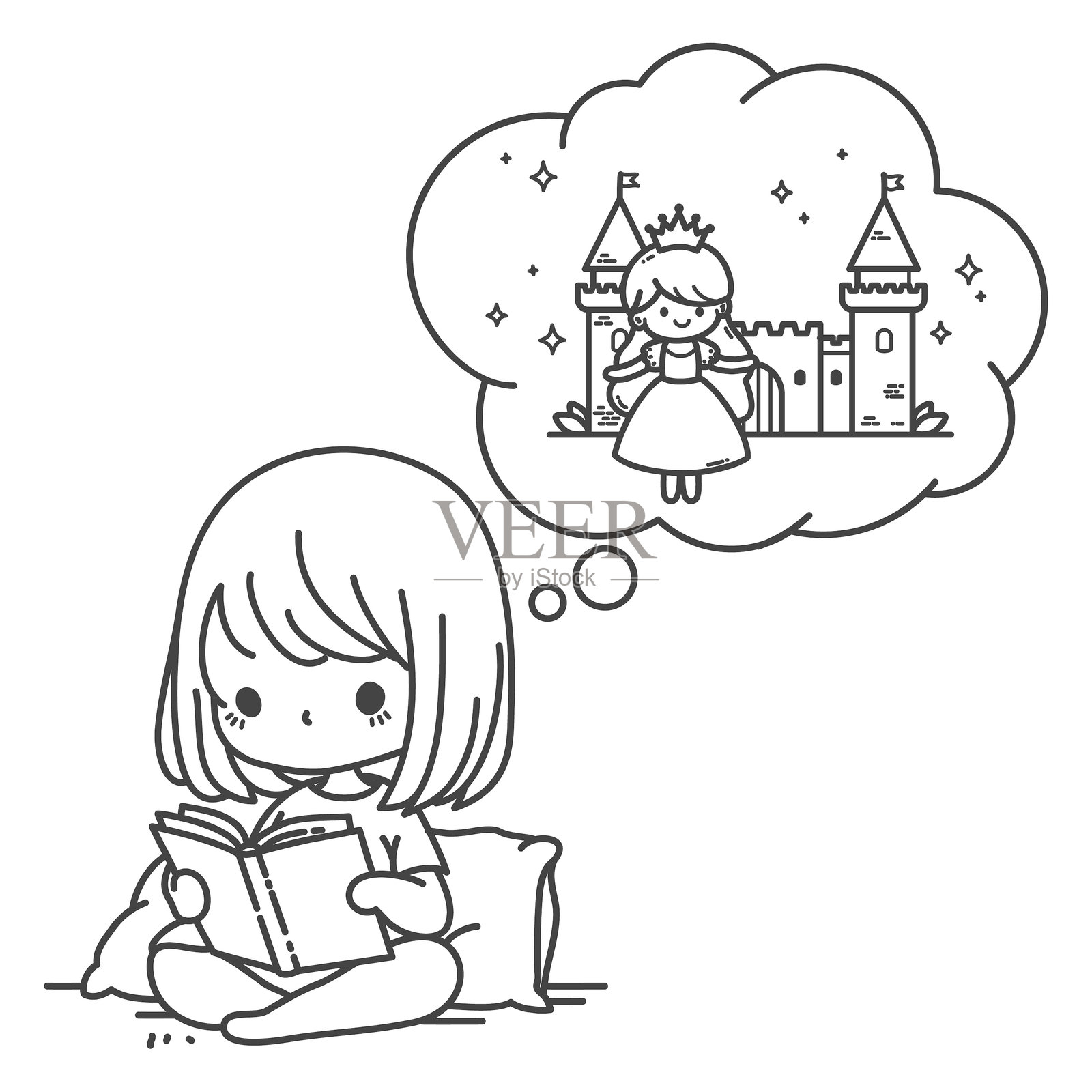 女孩阅读，梦想成为公主。- 儿童涂色页。手绘矢量插图，黑色轮廓在白色背景上。插画图片素材