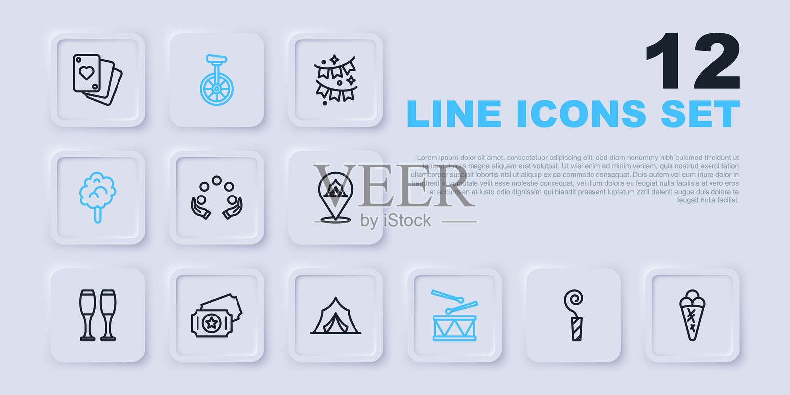 生日派对喇叭、华夫冰淇淋、杂耍球、鼓和鼓棒、棉花糖、马戏票、独轮车和帐篷图标。矢量图。插画图片素材