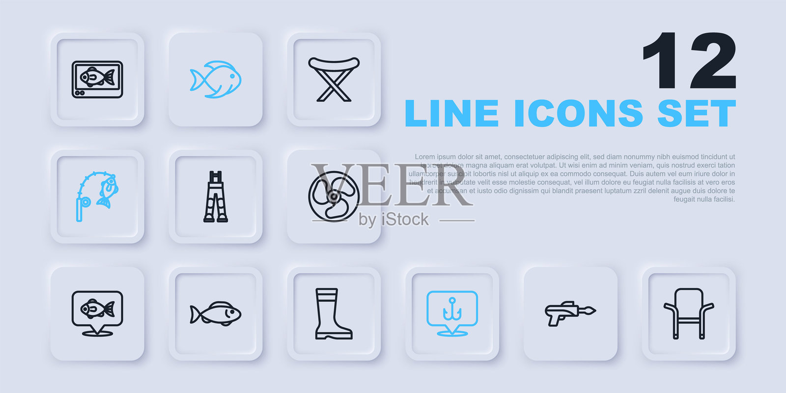 钓鱼叉、露营折叠椅、渔夫裤、钩子、钓竿和鱼、靴子图标。矢量图。插画图片素材