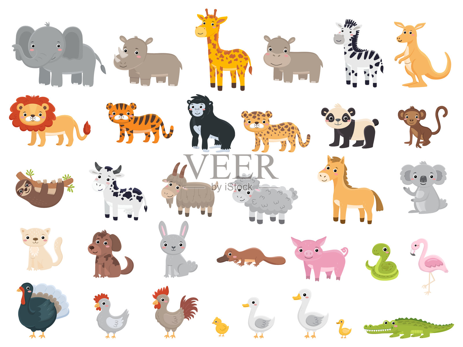 可爱的卡通动物套装。平面风格的矢量插图，适合打印的模板。插画图片素材