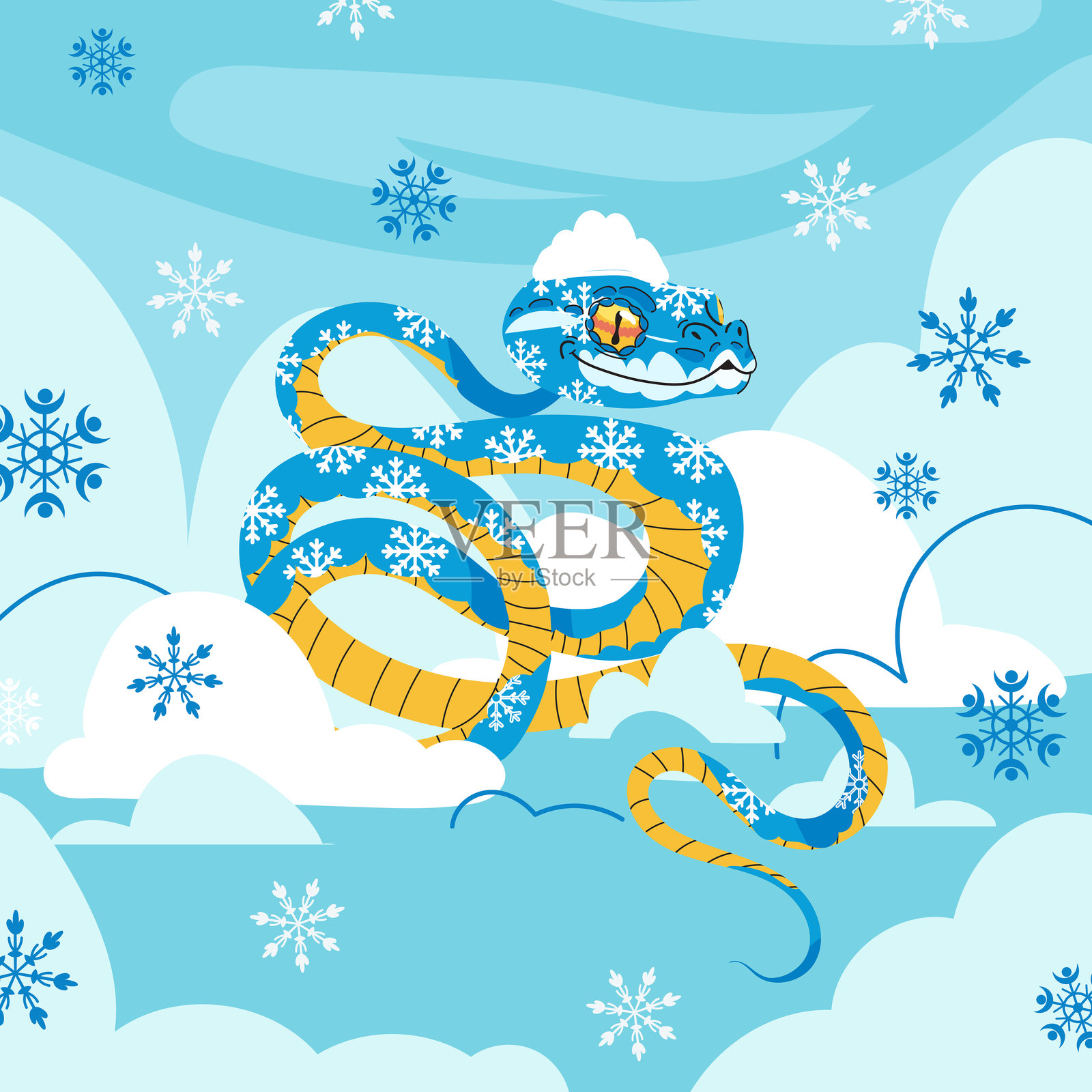 冬季蓝色蛇与雪花在雪地背景上。矢量蛇角色卡通插图。2025年的象征。插画图片素材