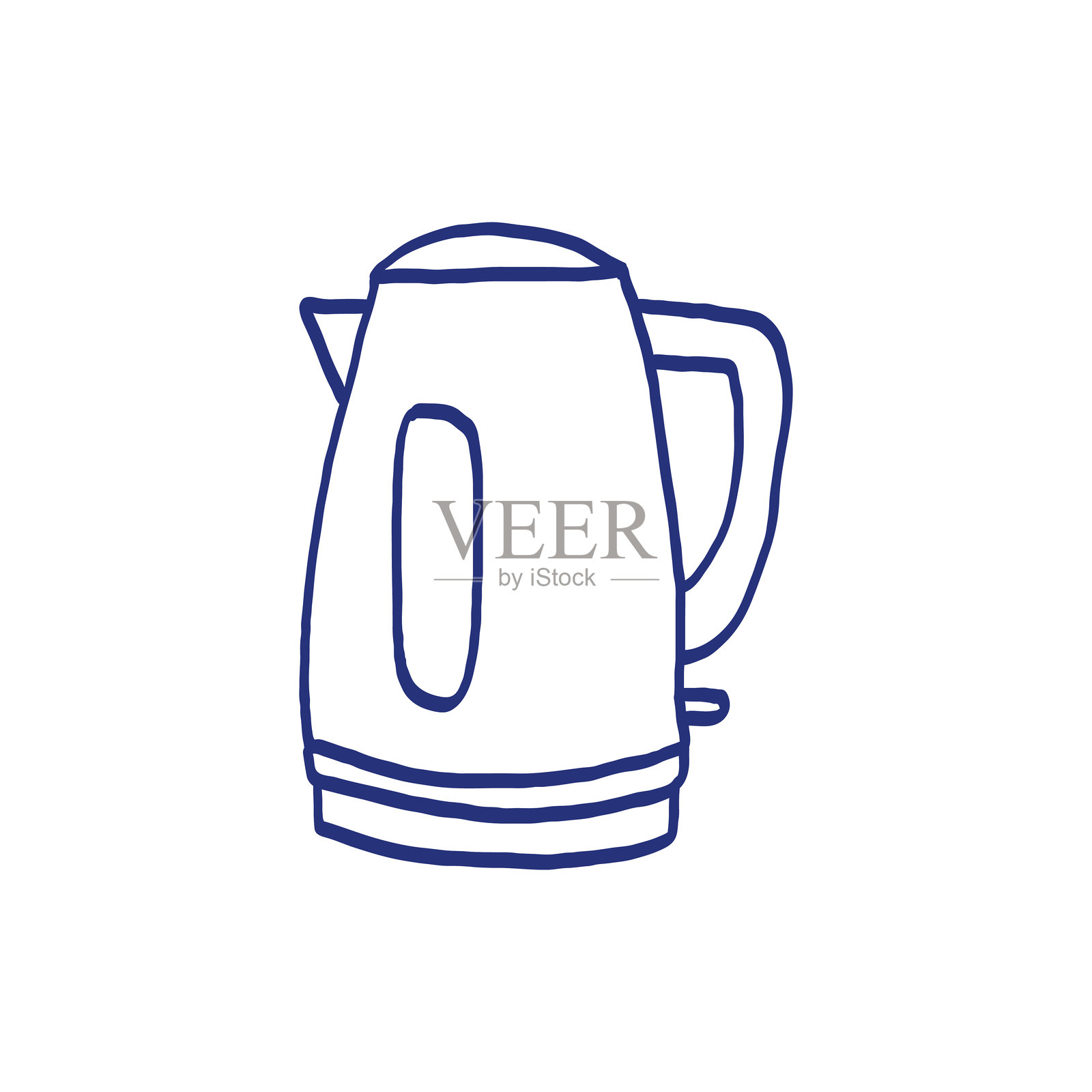 电热水壶。矢量茶壶。炊具系列。金属和塑料样本。插图集。蓝色钢笔或马克笔绘图。原始儿童画。插画图片素材