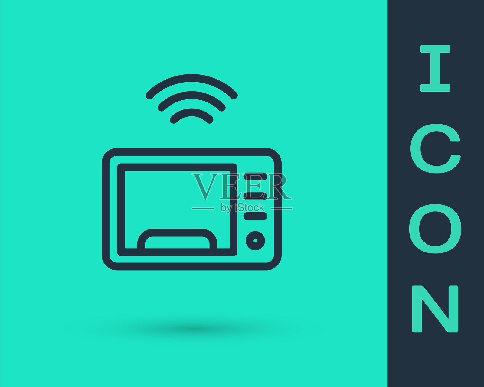 黑色线条智能微波炉系统图标，背景为绿色。家用电器图标。物联网概念，带无线连接。矢量图。插画图片素材