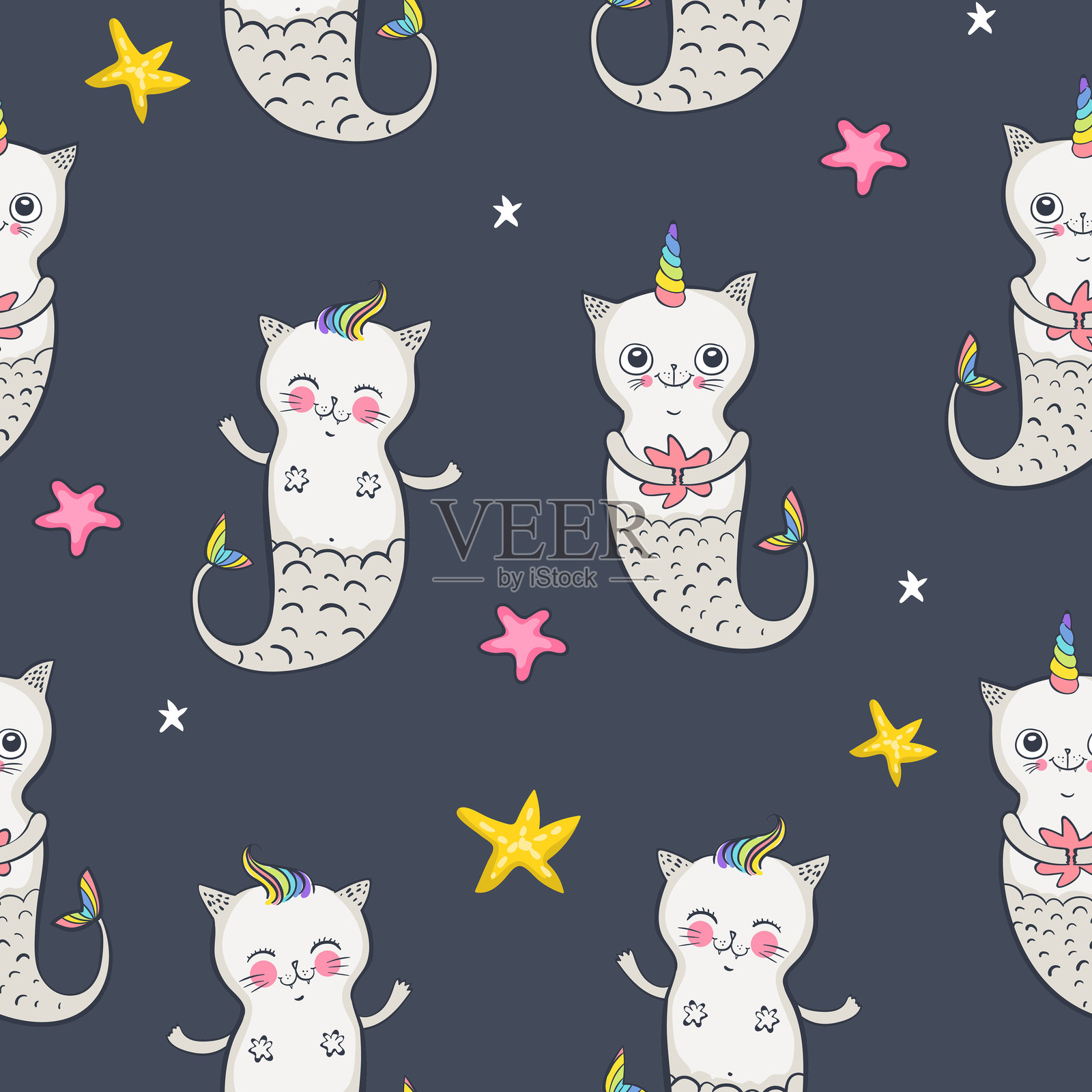 可爱的猫独角兽美人鱼，猫角兽或小猫独角兽，蓝色背景。适用于儿童设计印刷、海报、T恤、贴纸的矢量无缝图案。插画图片素材
