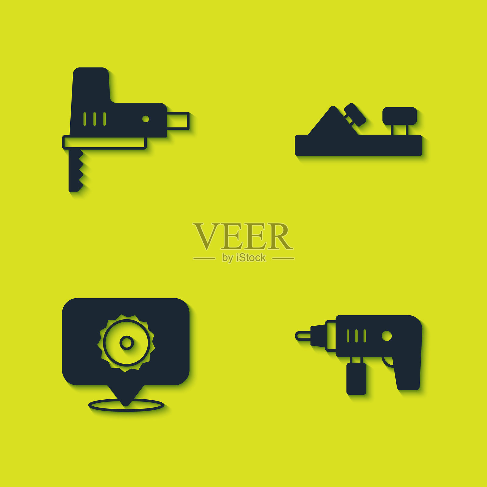 电动拼图锯、钻机、圆锯片和木工刨工具图标。矢量图。插画图片素材