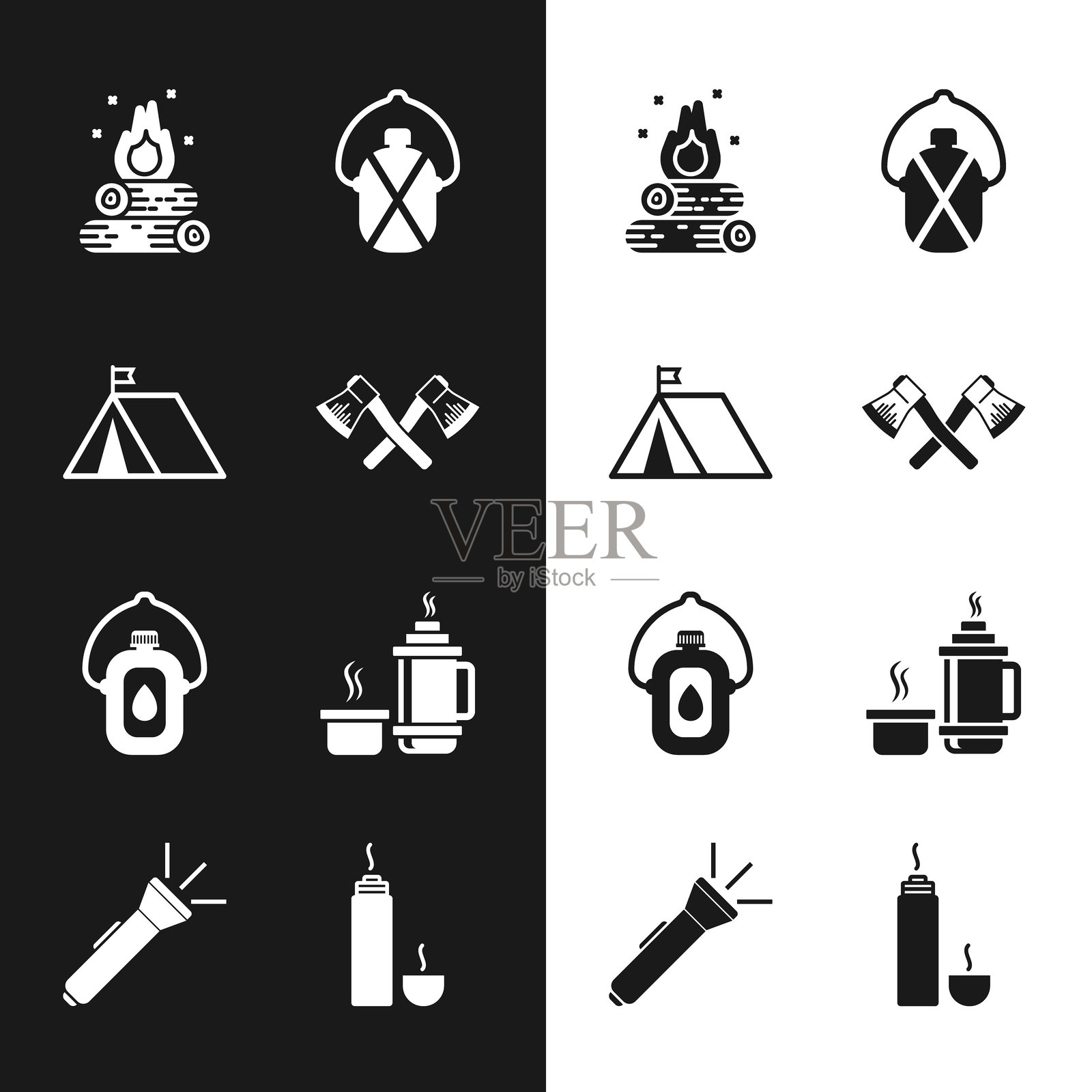 交叉的木斧、带旗帜的旅游帐篷、篝火、水壶、保温瓶和手电筒图标。矢量图。插画图片素材