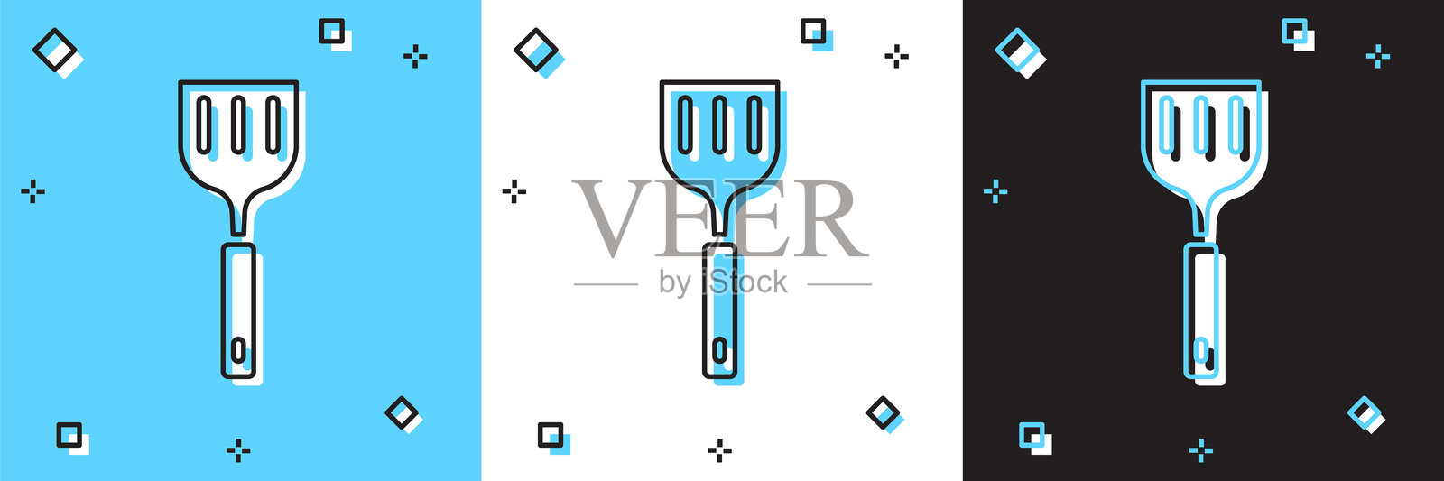 厨房铲子图标，蓝白色和黑色背景。烧烤铲子标志。烧烤和烤架工具。矢量图。插画图片素材