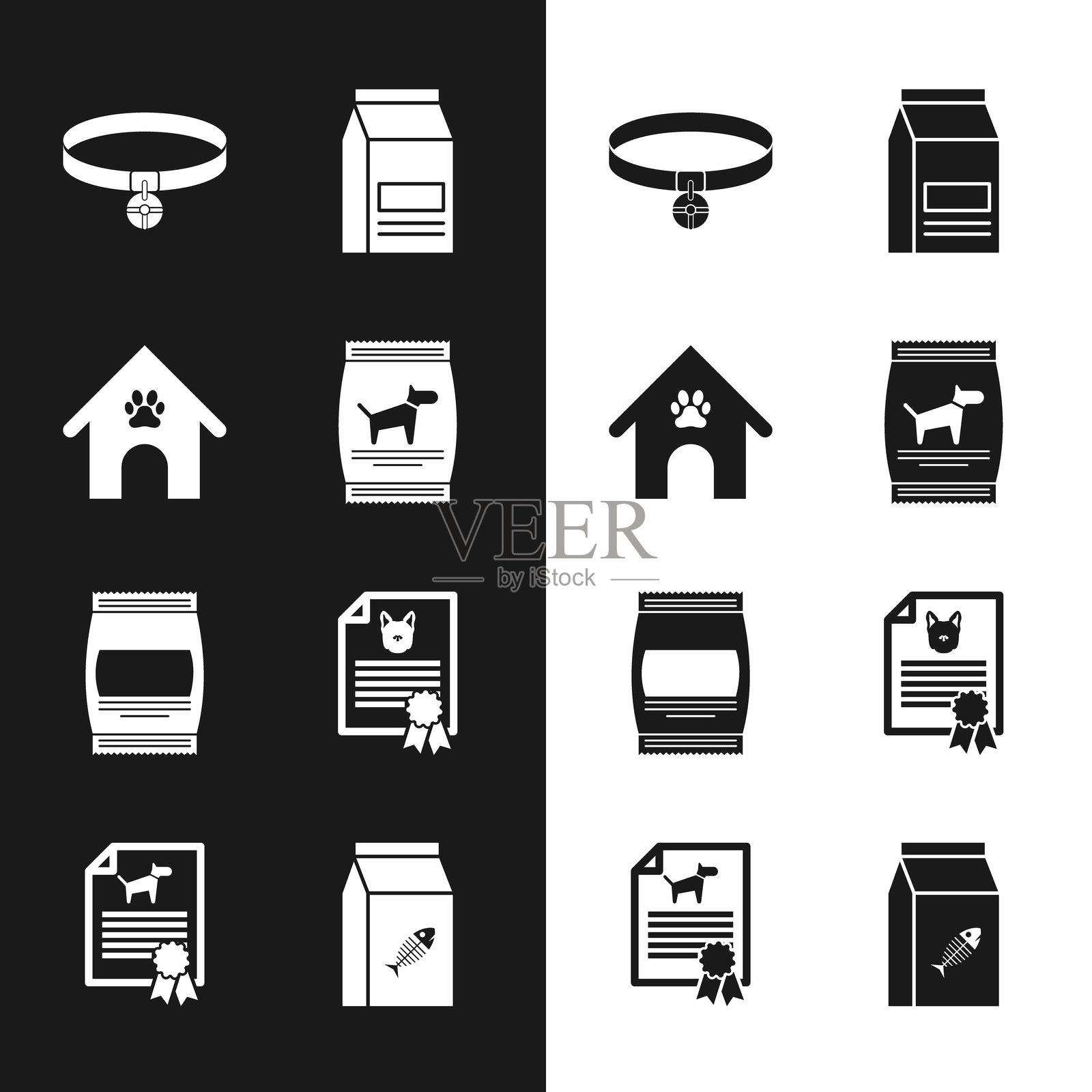 狗粮袋、狗屋和爪印宠物、带名牌的项圈，以及猫图标证书。矢量图。插画图片素材