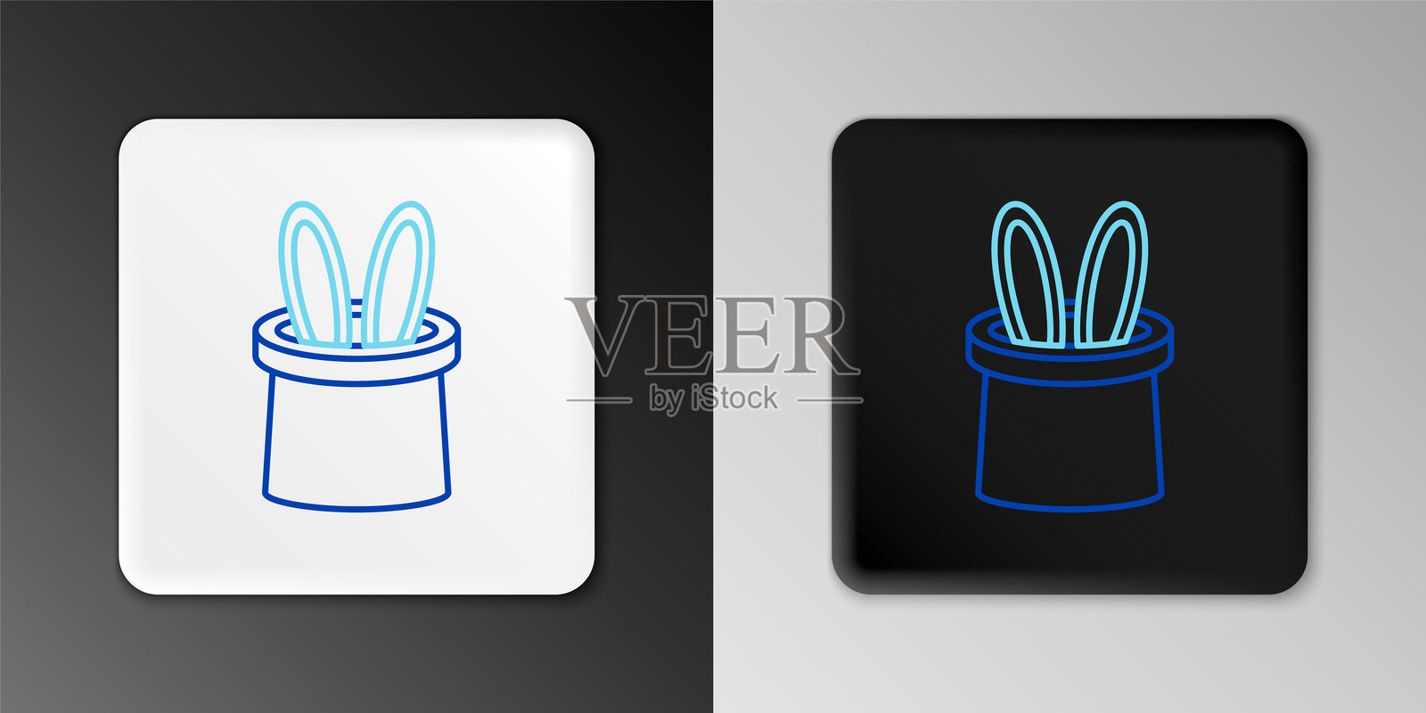 魔术师帽子和兔耳朵图标，背景为灰色。魔术表演。神秘娱乐概念。彩色轮廓概念。矢量图。插画图片素材