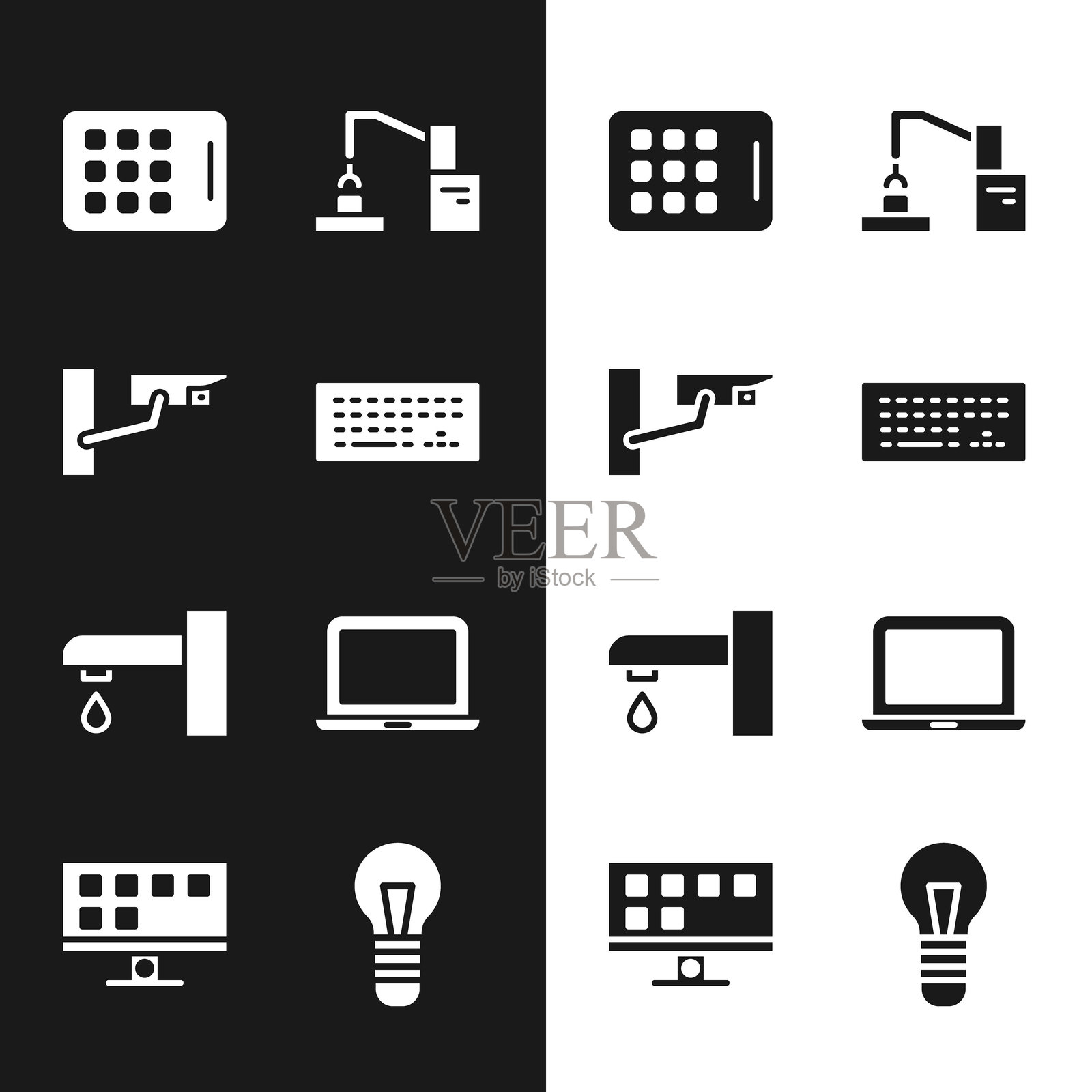 键盘、安全摄像头、图形平板、机器人手臂工厂、水龙头、笔记本电脑、灯泡和智能电视图标。矢量图。插画图片素材