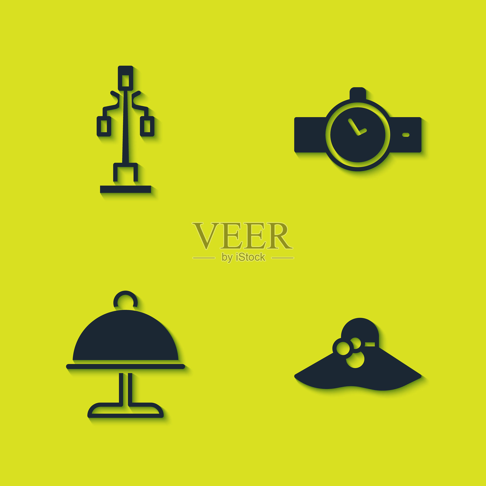 街灯、优雅的女士帽子、托盘和手表图标。矢量图。插画图片素材