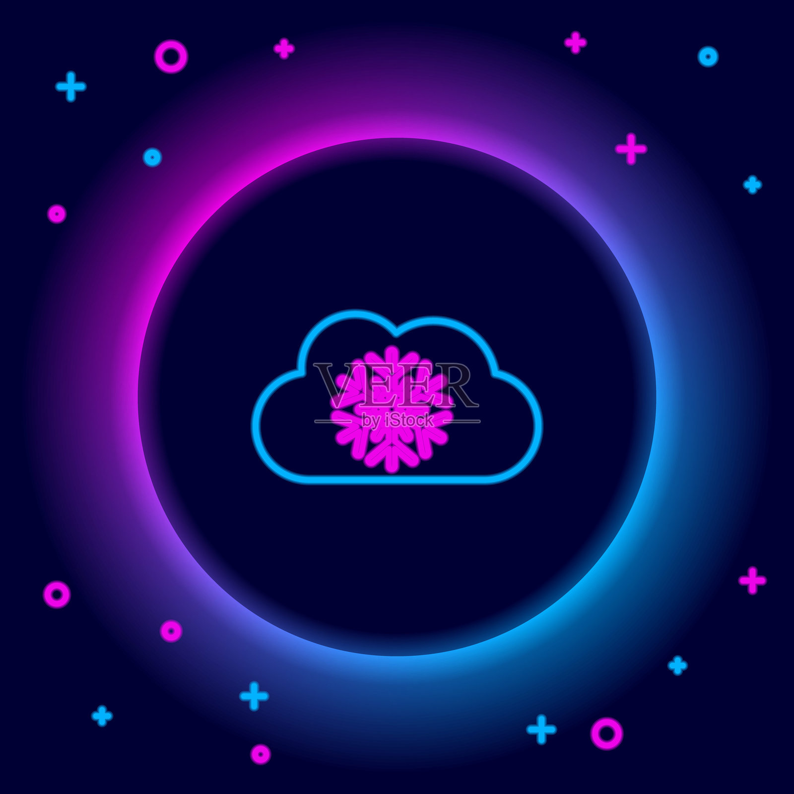 发光的霓虹线条云朵与雪的图标，背景为黑色。云朵与雪花。单一天气图标。下雪标志。彩色轮廓概念。矢量图。插画图片素材