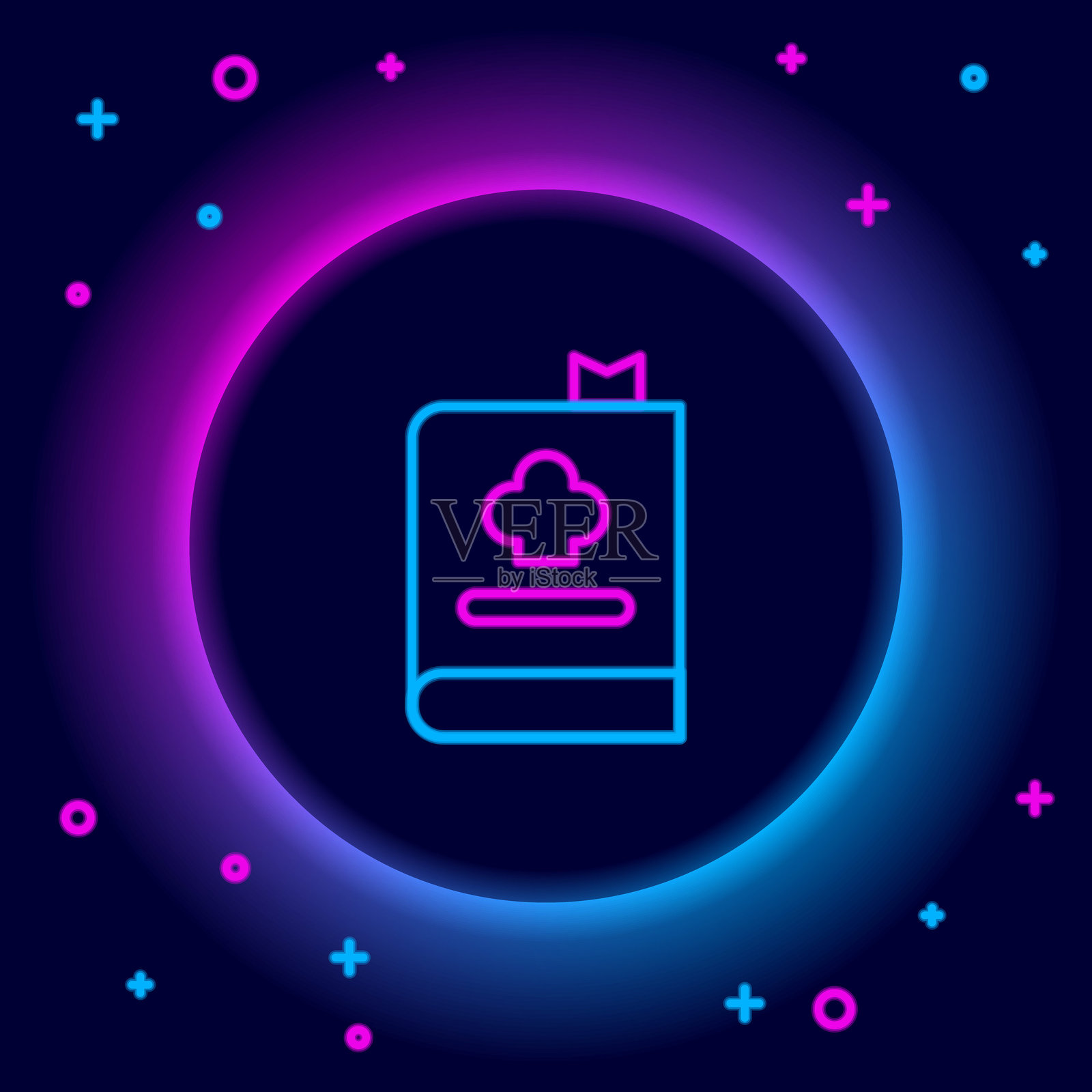 发光的霓虹线烹饪书图标，背景为黑色。烹饪书图标。食谱书。叉子和刀子图标。餐具符号。彩色轮廓概念。矢量图。插画图片素材