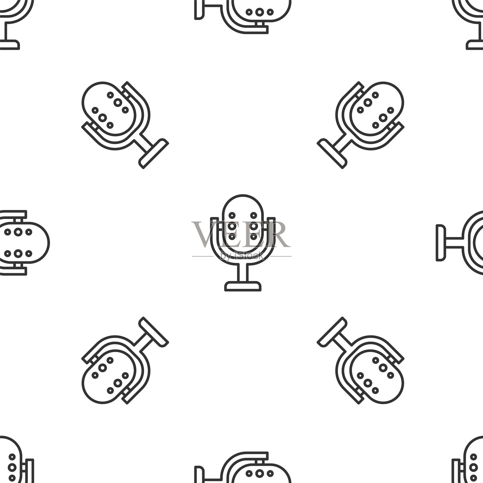灰色麦克风图标在白色背景上的无缝图案。广播麦克风。扬声器标志。矢量图。插画图片素材