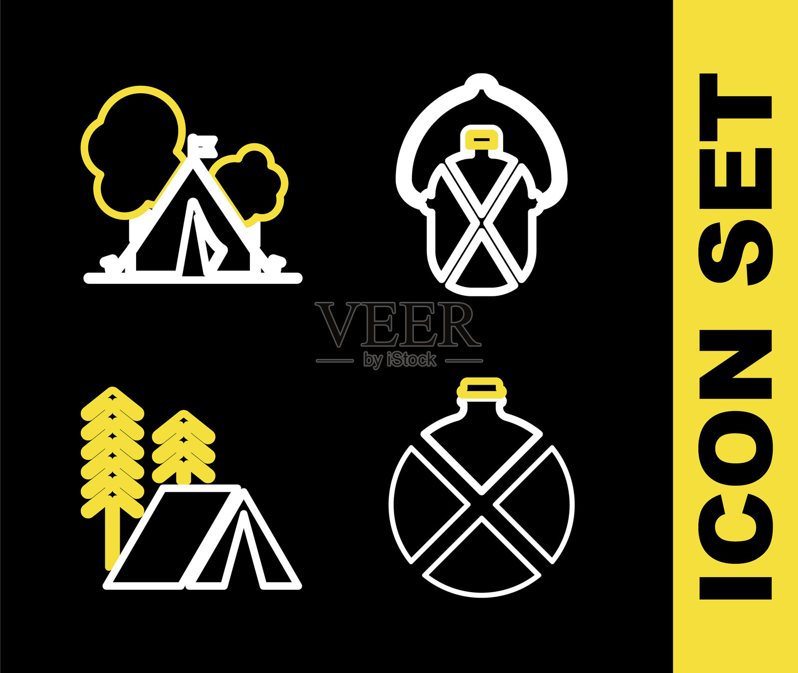 水瓶、旅游帐篷和带旗帜图标的设置。矢量图。插画图片素材