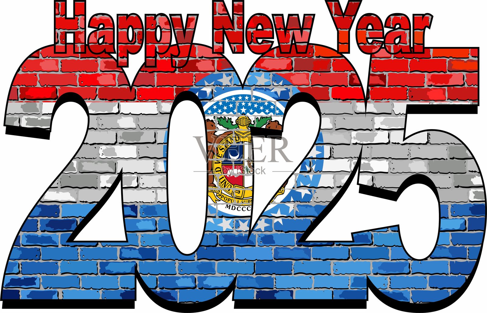 2025年新年快乐，内含密苏里州旗帜插画图片素材