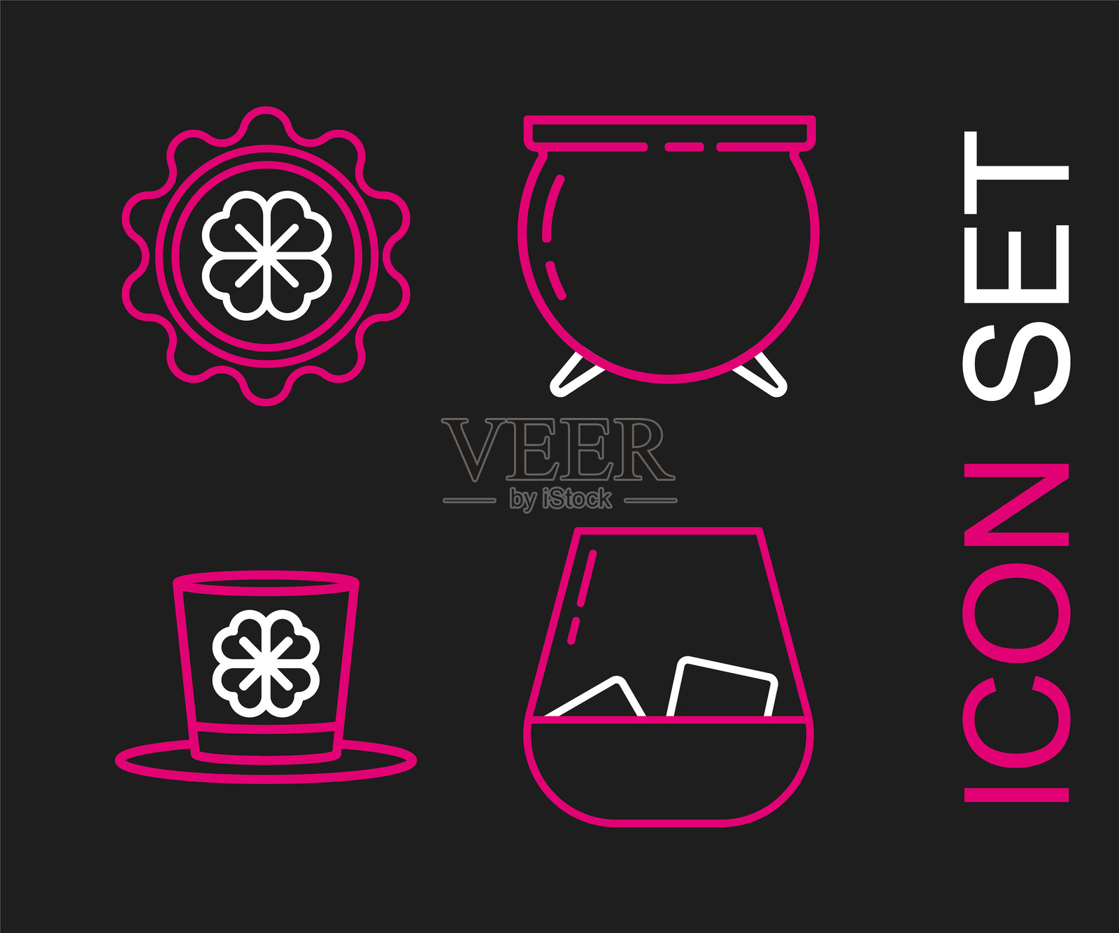 威士忌杯、妖精帽和四叶草、女巫锅和瓶盖图标的组合。矢量图。插画图片素材